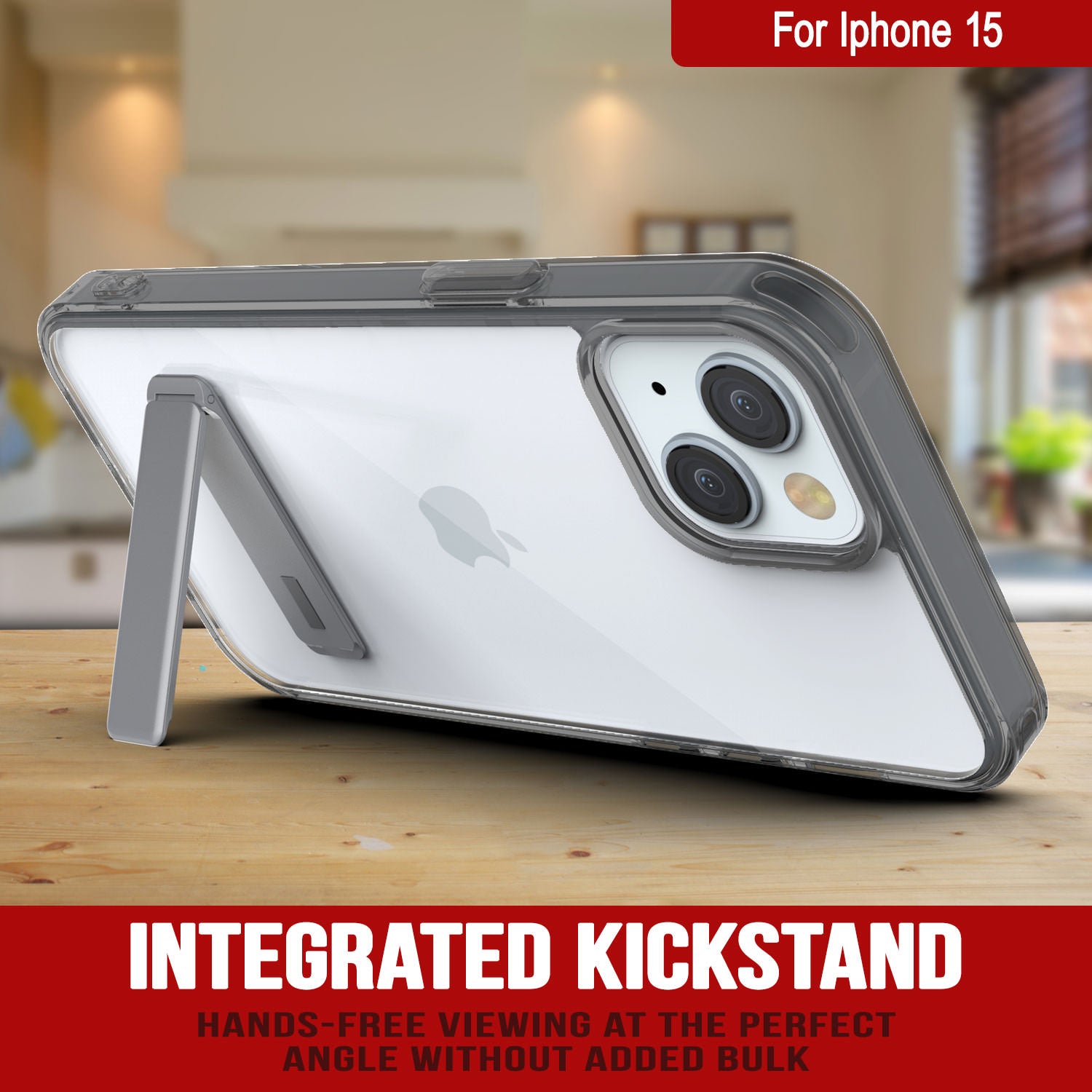 Punkcase iPhone 15 Case with Kickstand [Crystal Kickstand Series] [Slim Fit] [Black]