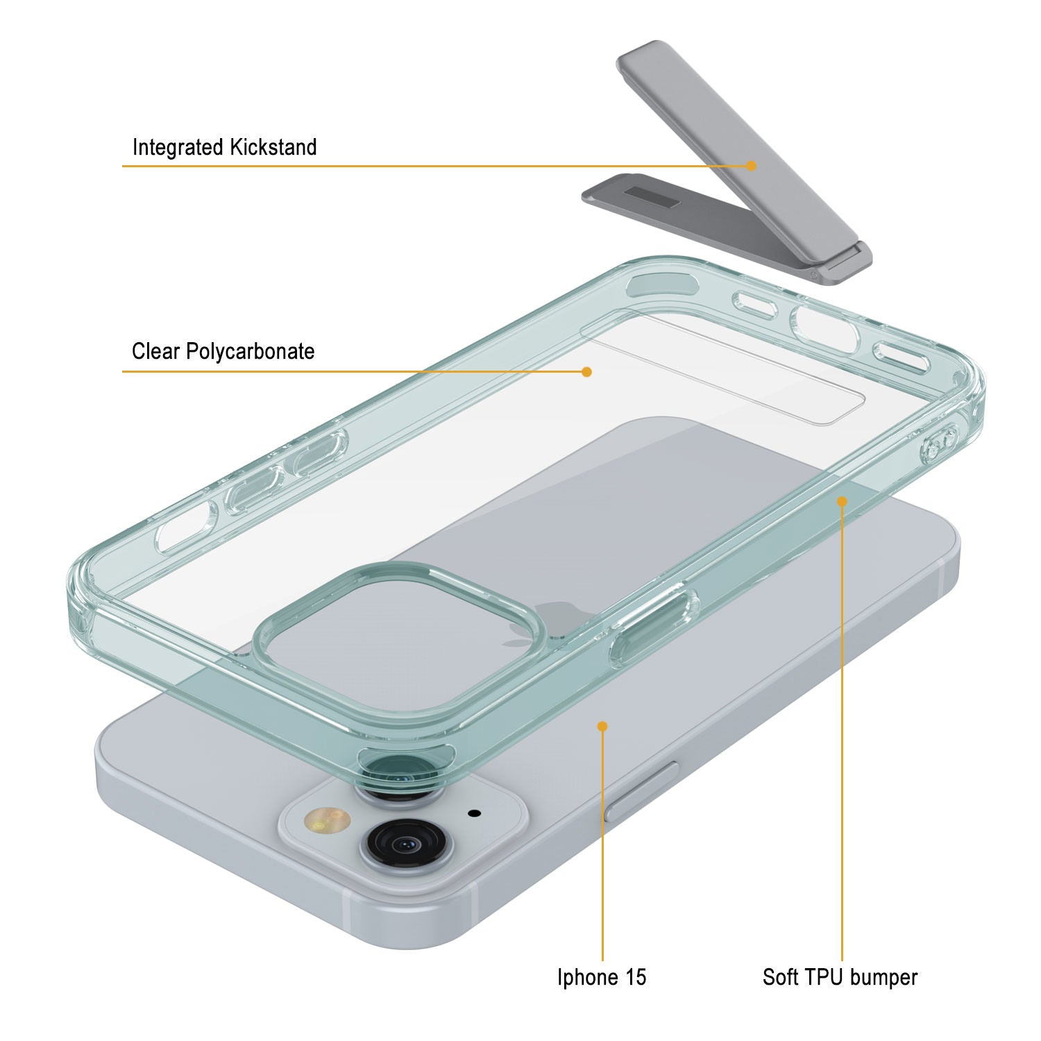Punkcase iPhone 15 Case with Kickstand [Crystal Kickstand Series] [Slim Fit] [Teal]