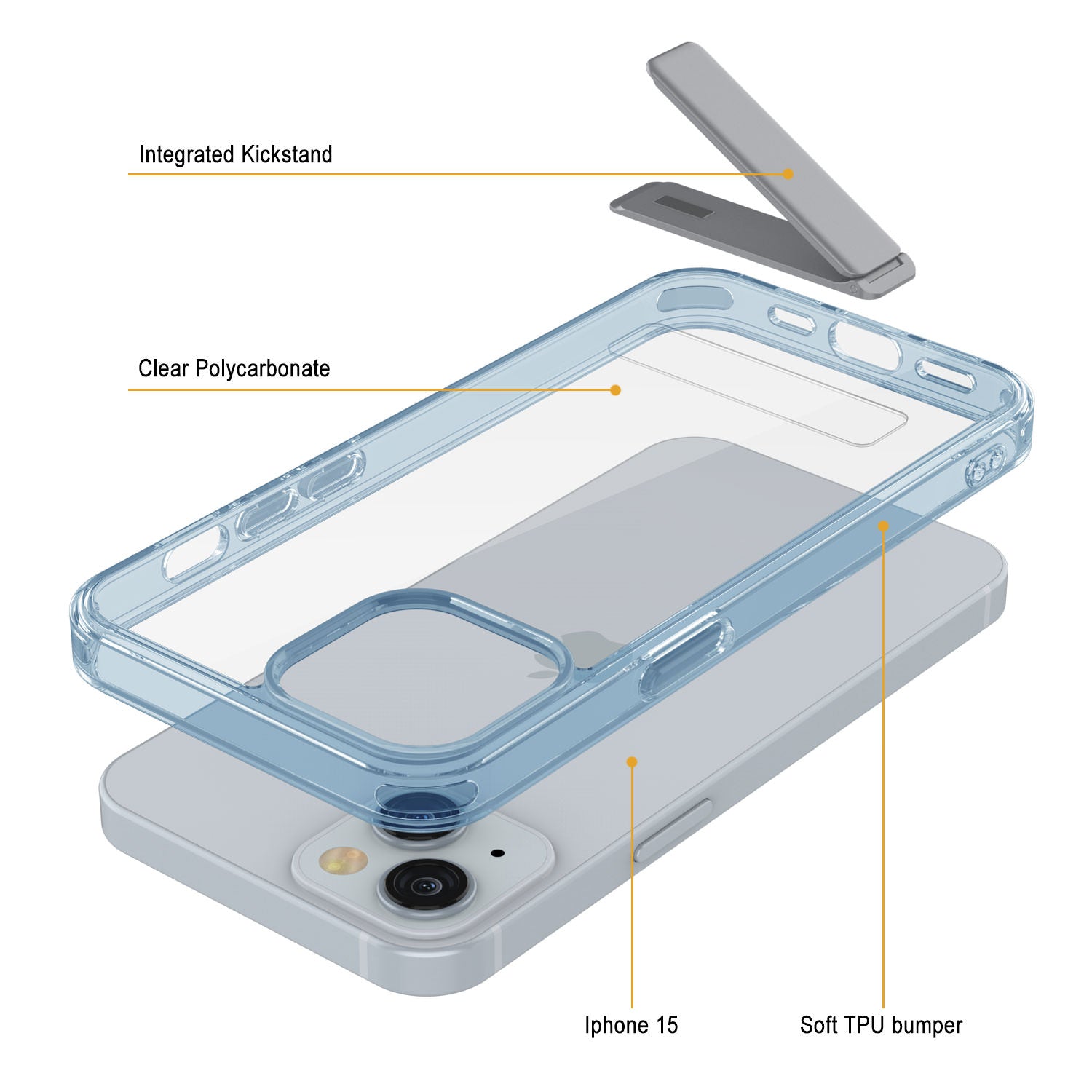 Punkcase iPhone 15 Case with Kickstand [Crystal Kickstand Series] [Slim Fit] [Blue]