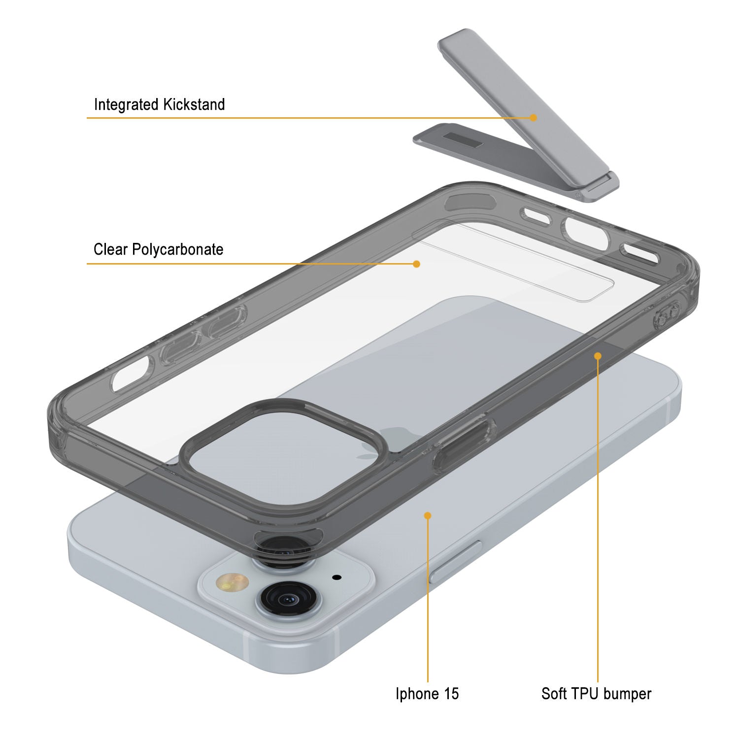 Punkcase iPhone 15 Case with Kickstand [Crystal Kickstand Series] [Slim Fit] [Black]