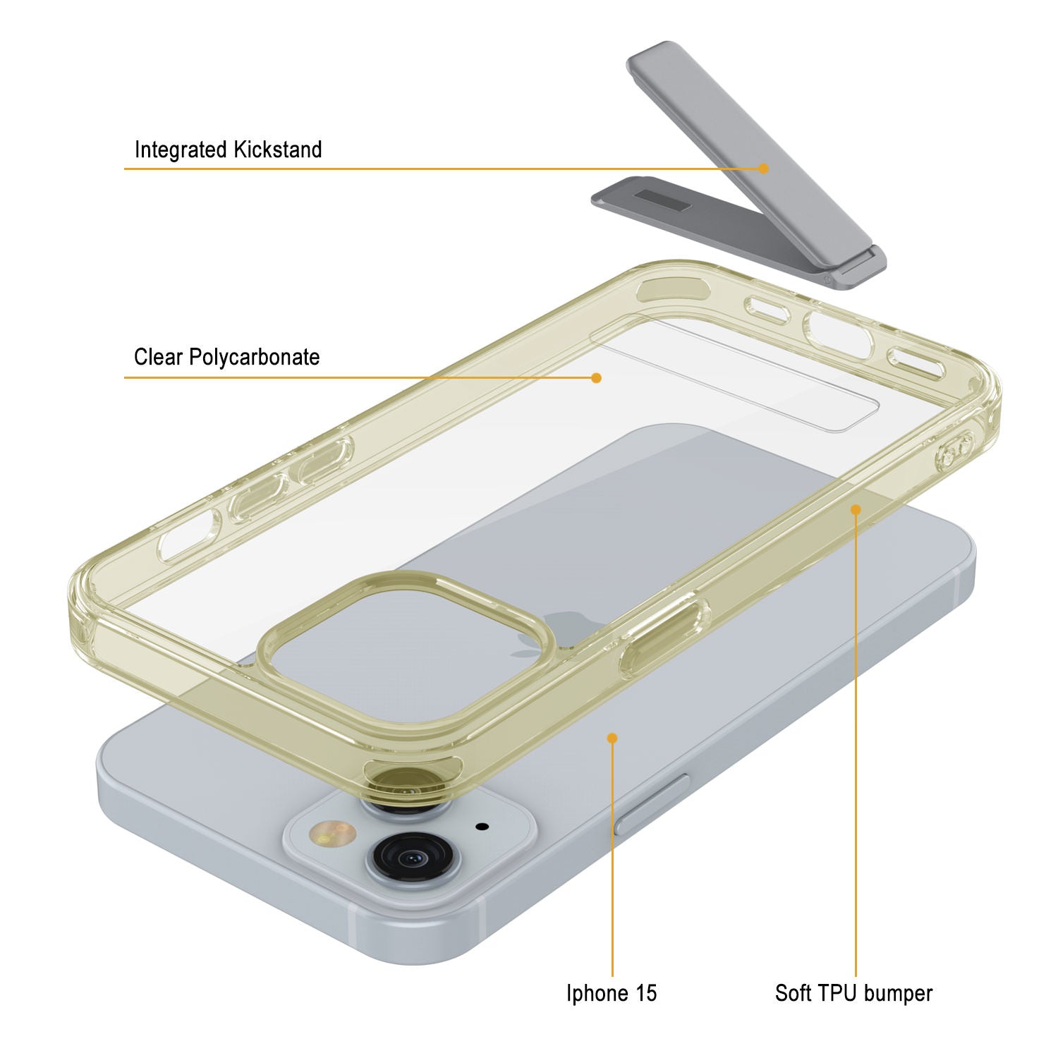 Punkcase iPhone 15 Case with Kickstand [Crystal Kickstand Series] [Slim Fit] [Yellow]