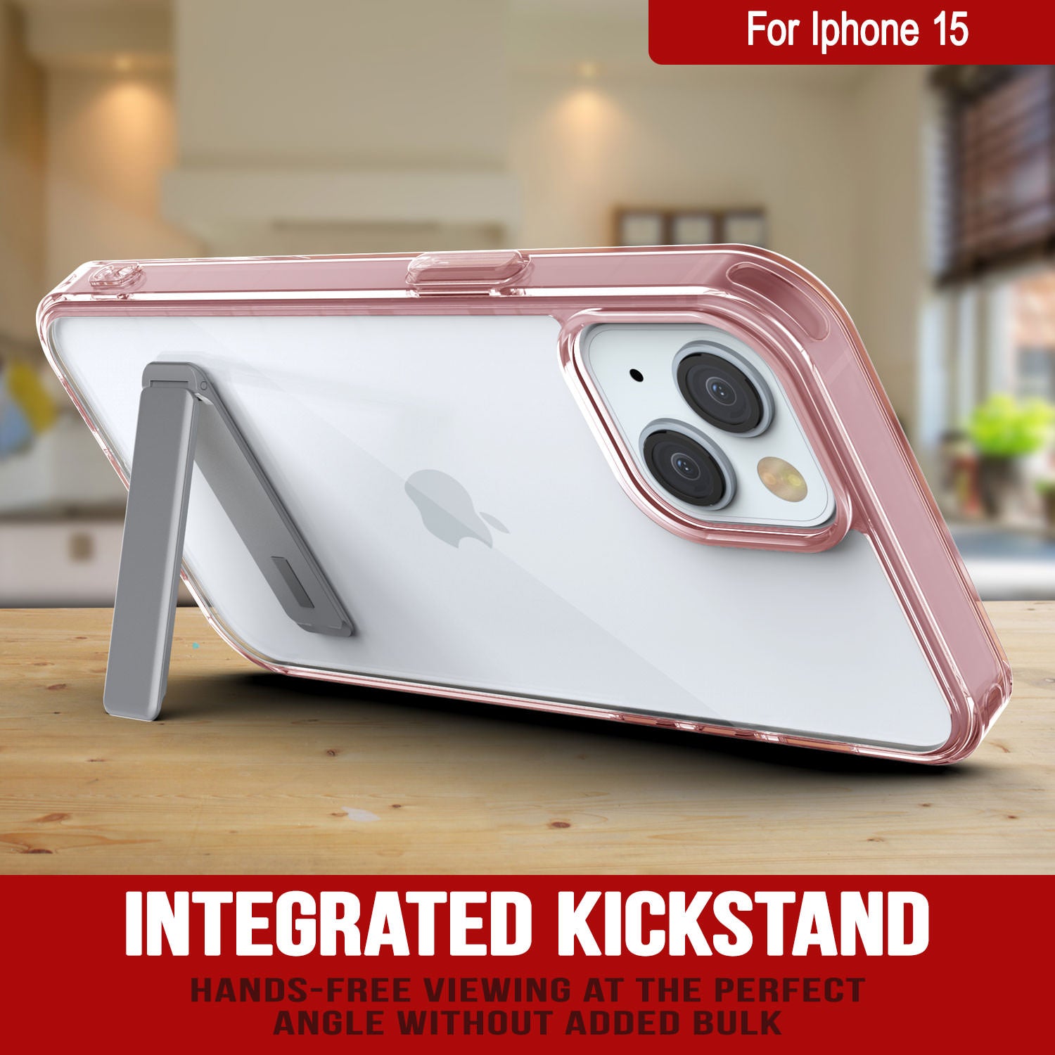 Punkcase iPhone 15 Case with Kickstand [Crystal Kickstand Series] [Slim Fit] [Red]
