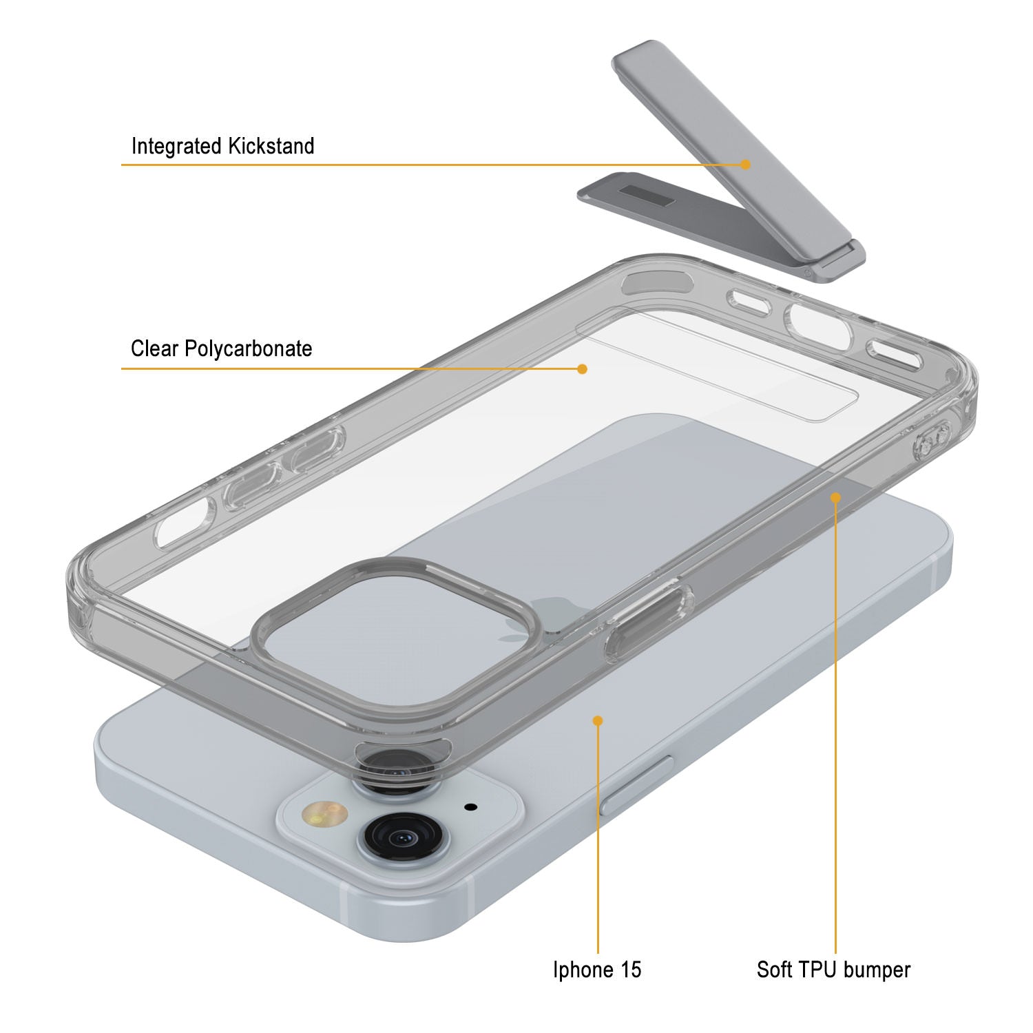 Punkcase iPhone 15 Case with Kickstand [Crystal Kickstand Series] [Slim Fit] [Grey]
