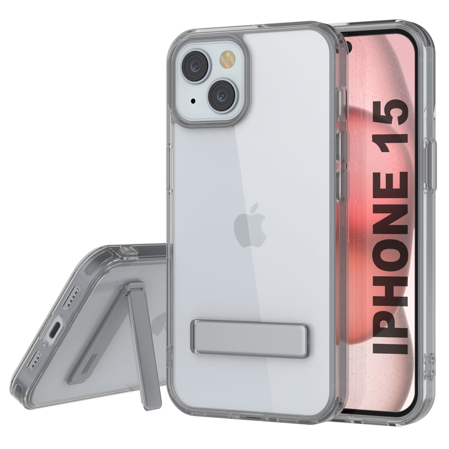 Punkcase iPhone 15 Case with Kickstand [Crystal Kickstand Series] [Slim Fit] [Grey]