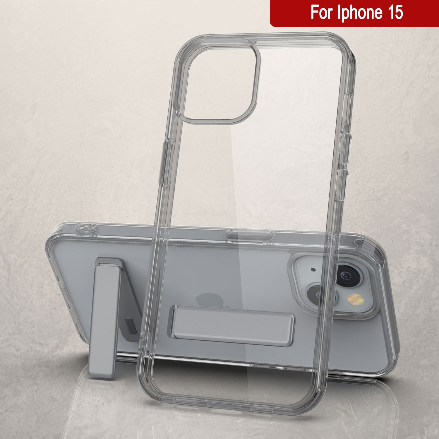 Punkcase iPhone 15 Case with Kickstand [Crystal Kickstand Series] [Slim Fit] [Grey]
