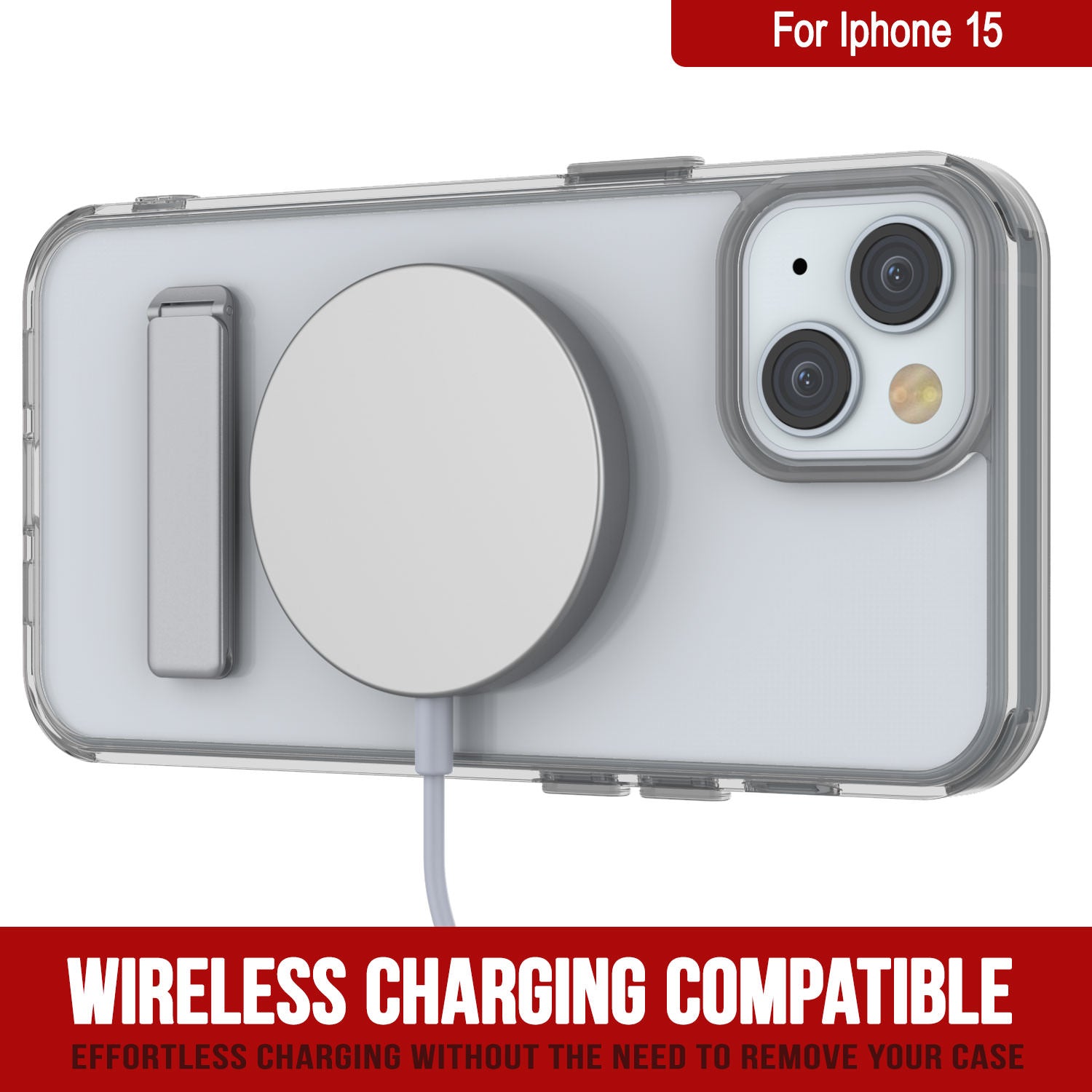 Punkcase iPhone 15 Case with Kickstand [Crystal Kickstand Series] [Slim Fit] [Grey]