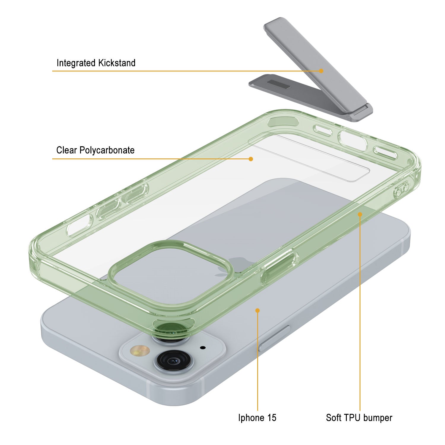 Punkcase iPhone 15 Case with Kickstand [Crystal Kickstand Series] [Slim Fit] [Green]
