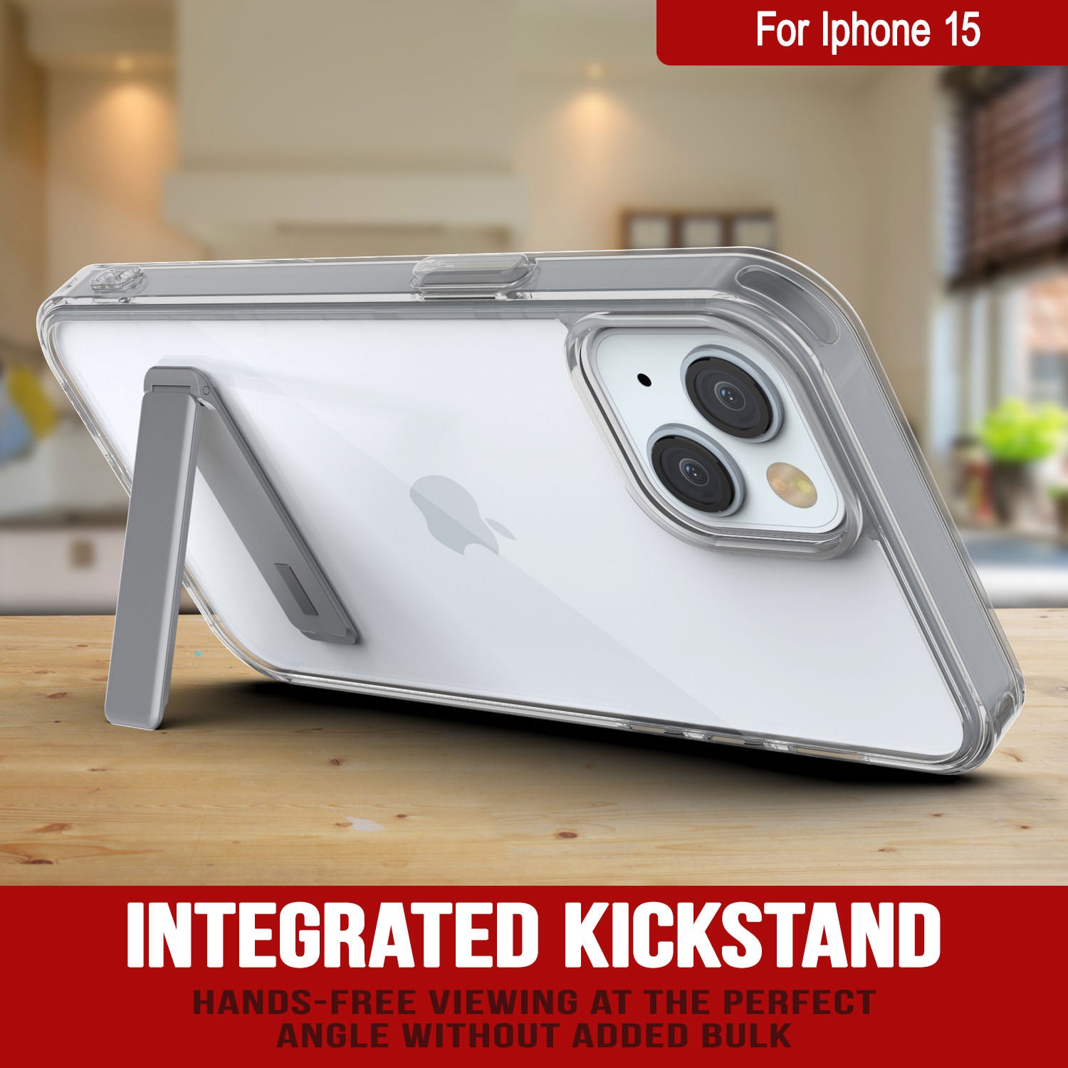 Punkcase iPhone 15 Case with Kickstand [Crystal Kickstand Series] [Slim Fit] [Grey]
