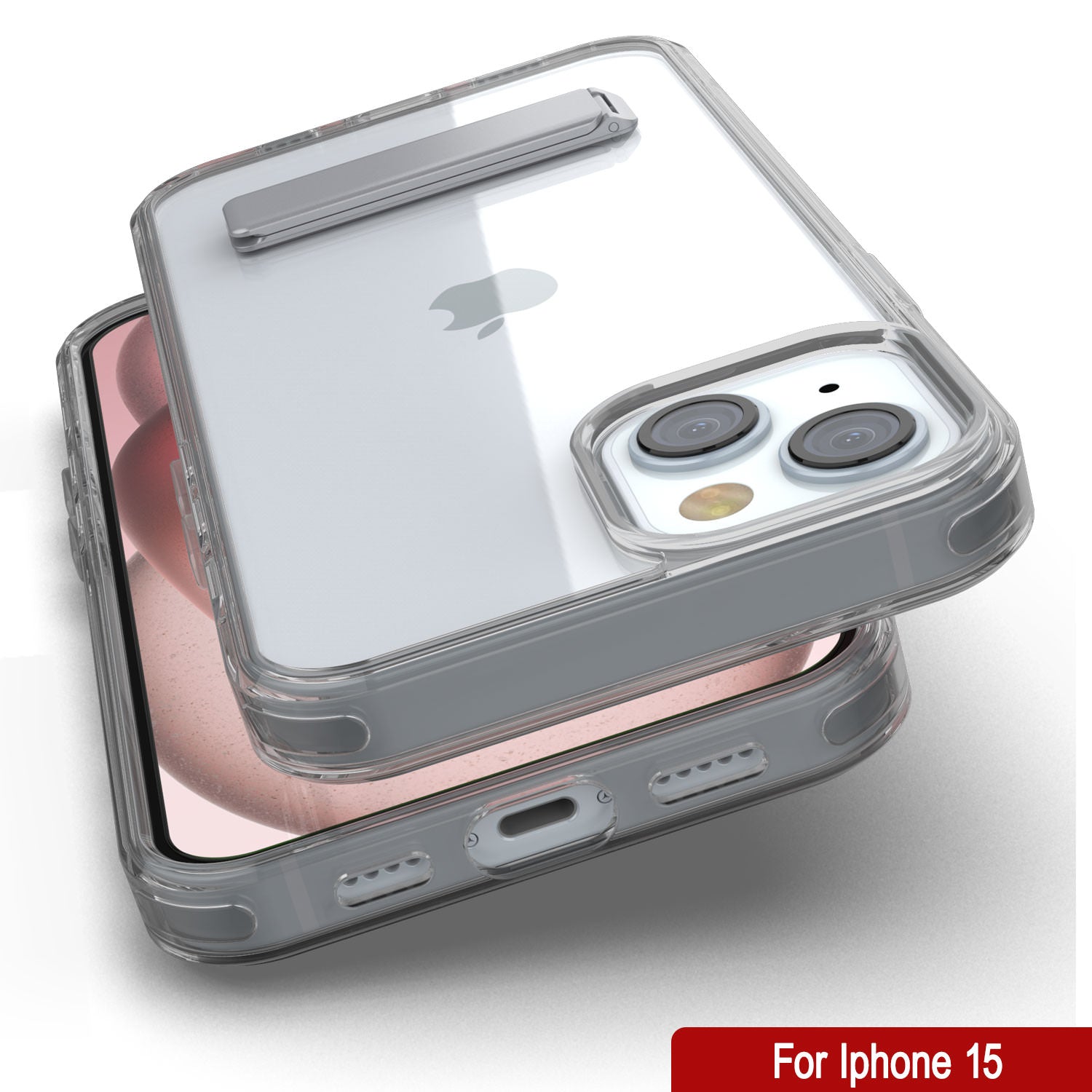 Punkcase iPhone 15 Case with Kickstand [Crystal Kickstand Series] [Slim Fit] [Grey]