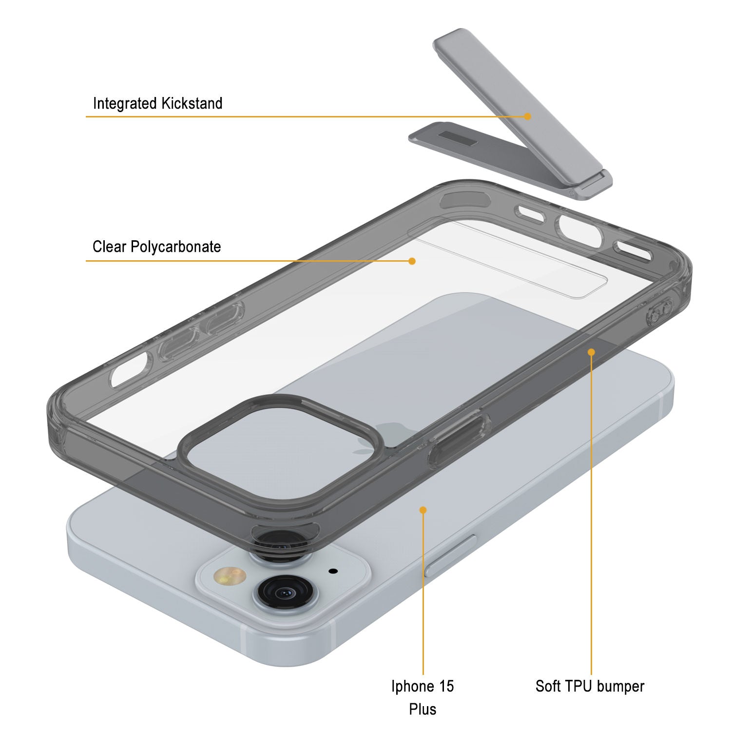 Punkcase iPhone 15 Plus Case with Kickstand [Crystal Kickstand Series] [Slim Fit] [Black]