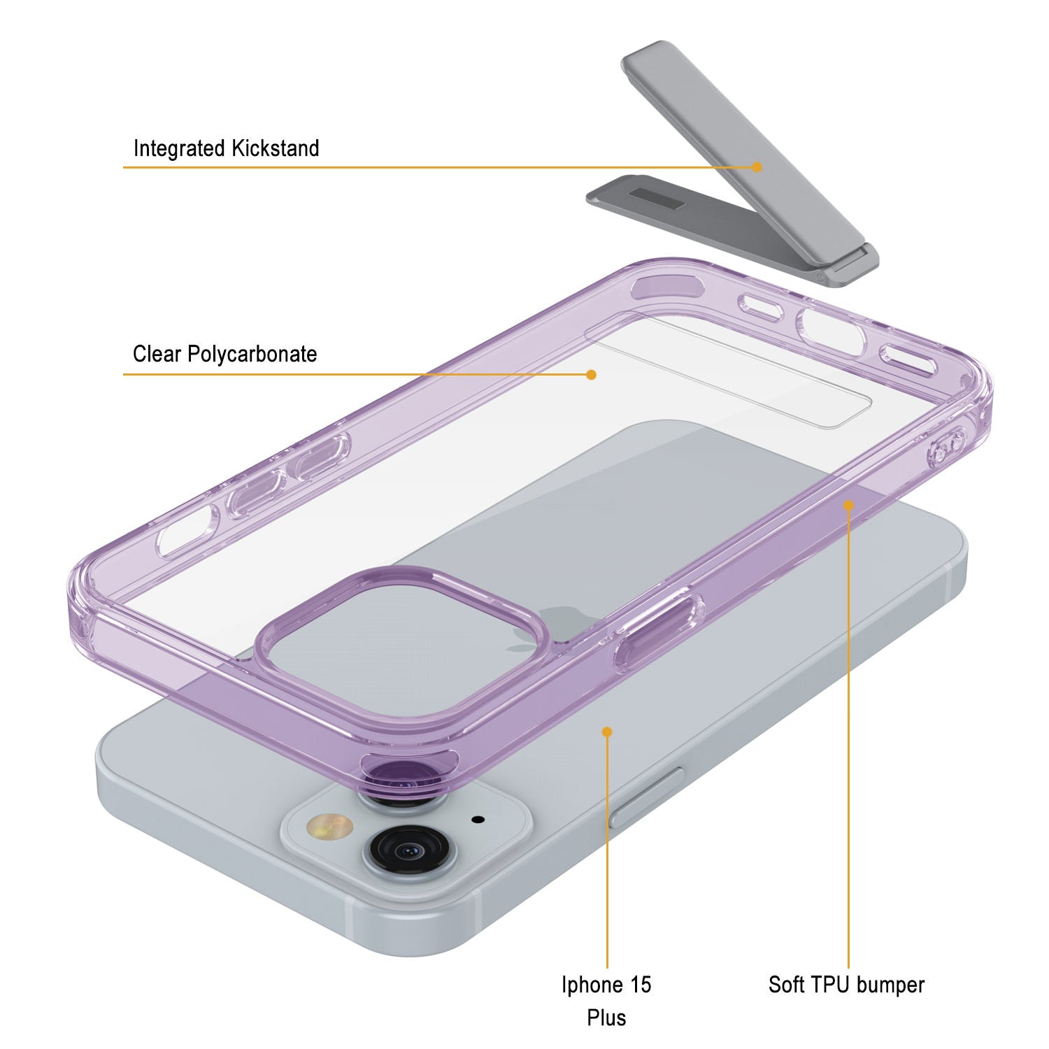 Punkcase iPhone 15 Plus Case with Kickstand [Crystal Kickstand Series] [Slim Fit] [Purple]
