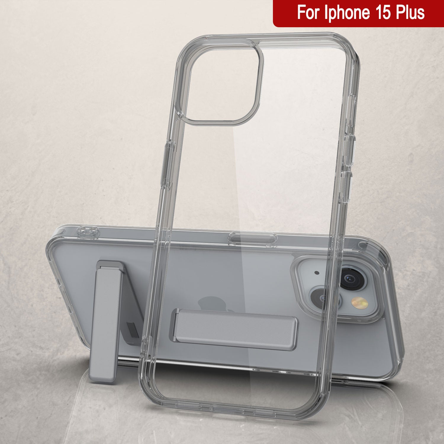 Punkcase iPhone 15 Plus Case with Kickstand [Crystal Kickstand Series] [Slim Fit] [Grey]