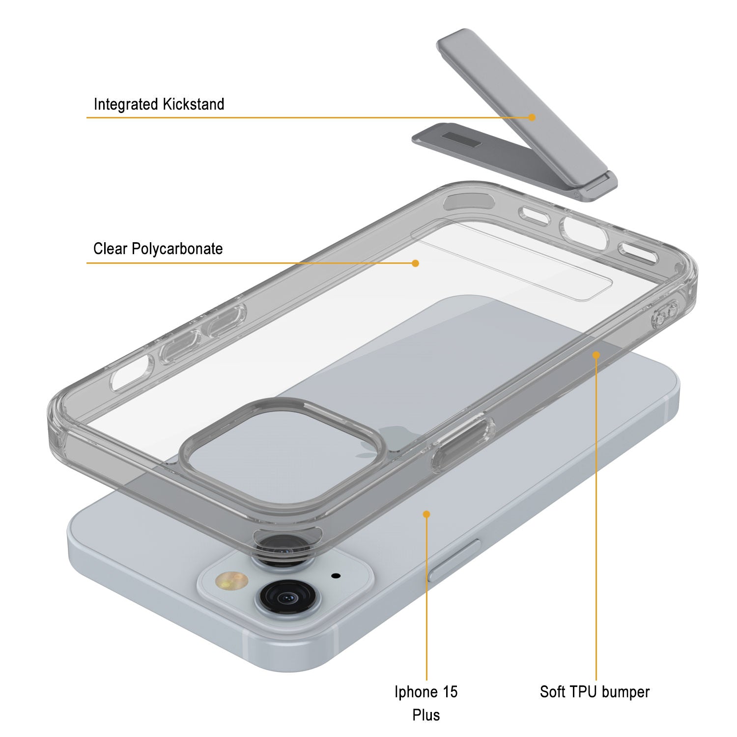 Punkcase iPhone 15 Plus Case with Kickstand [Crystal Kickstand Series] [Slim Fit] [Grey]