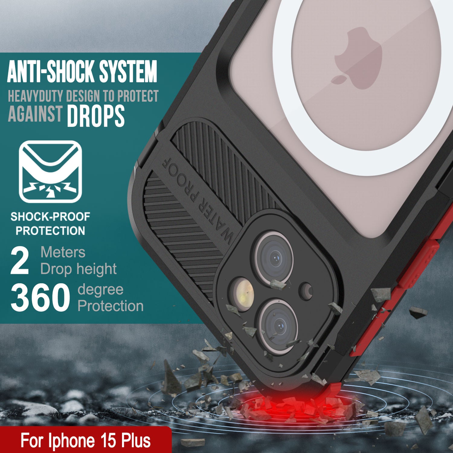 iPhone 15 Plus Metal Extreme 2.0 Series Aluminum Waterproof Case IP68 W/Buillt in Screen Protector [Black-Red]