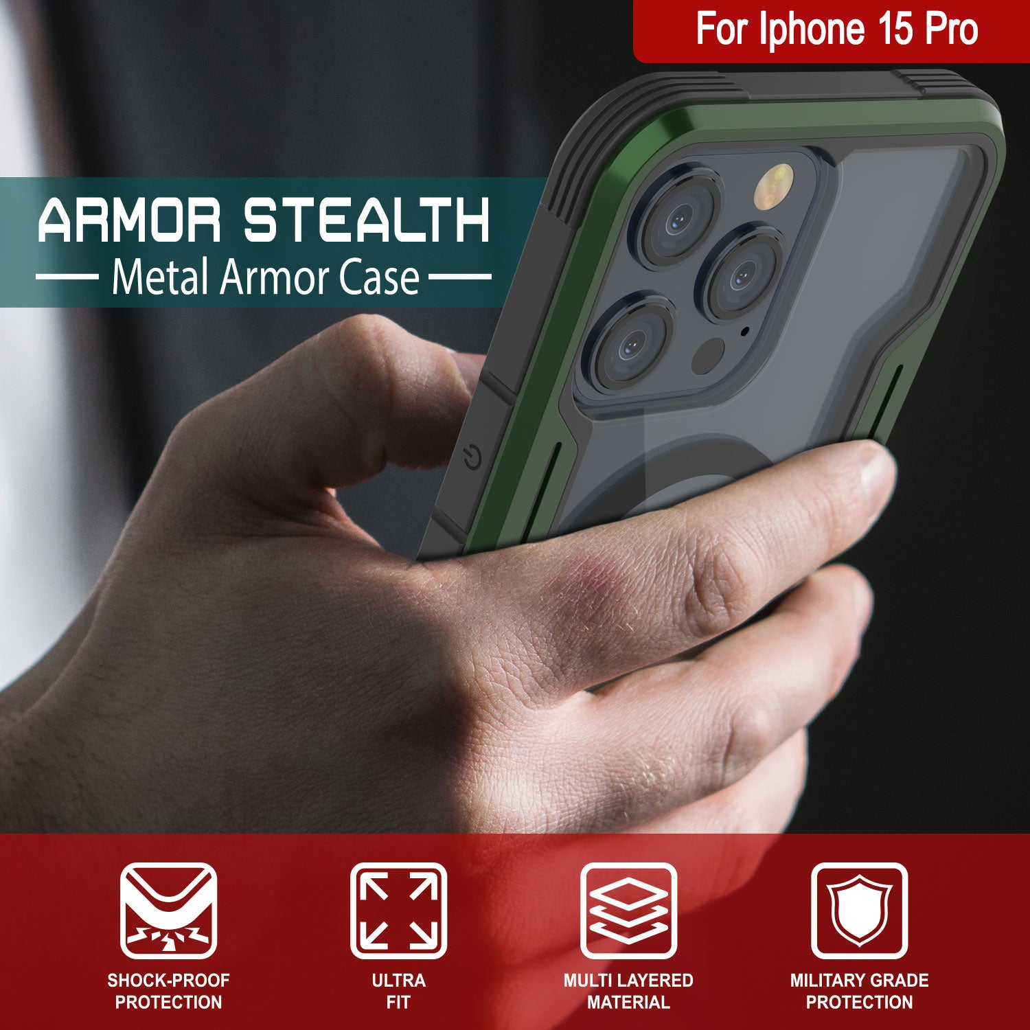 Punkcase iPhone 15 Pro Armor Stealth MAG Defense Case Protective Military Grade Multilayer Cover [Dark Green]
