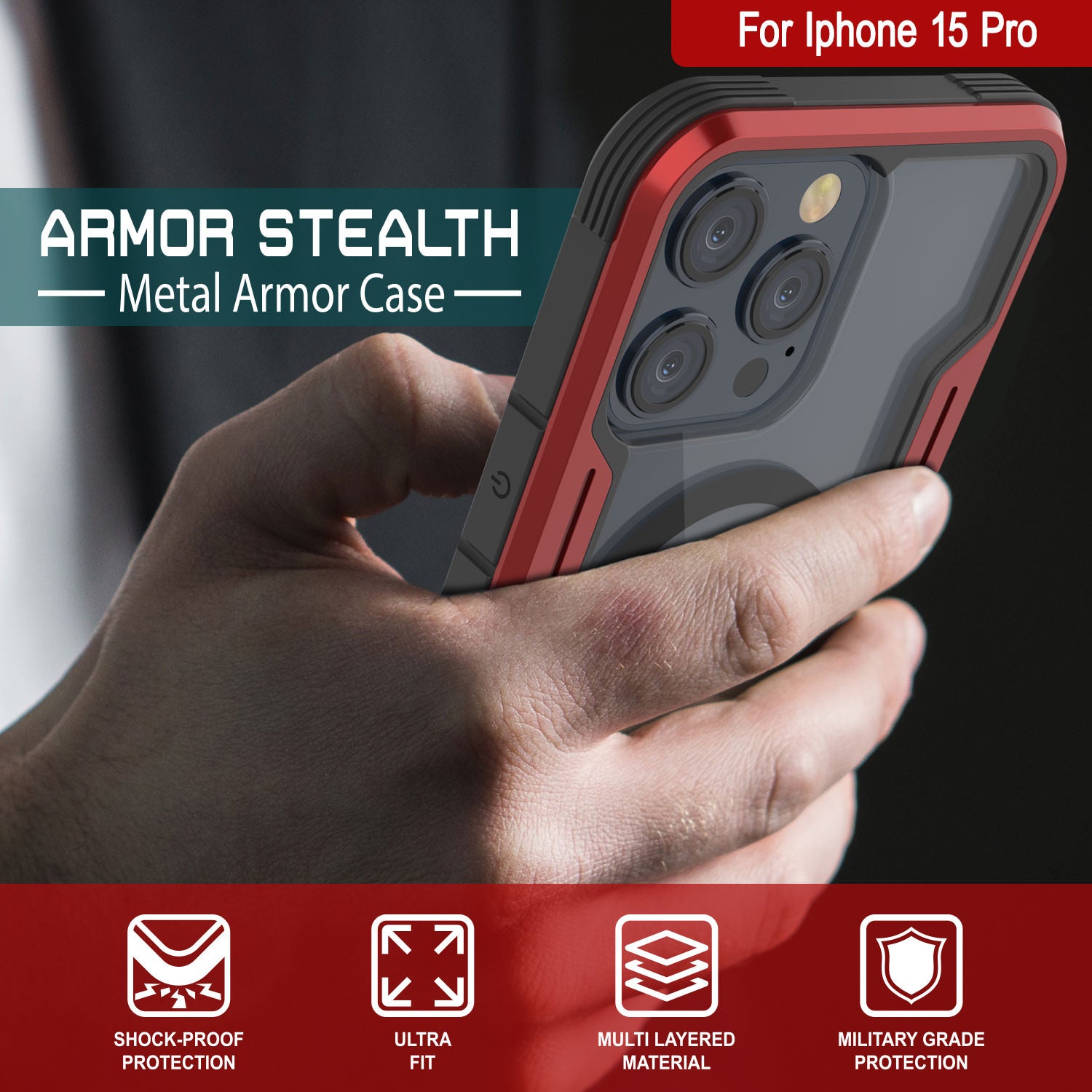 Punkcase iPhone 15 Pro Armor Stealth MAG Defense Case Protective Military Grade Multilayer Cover [Red]