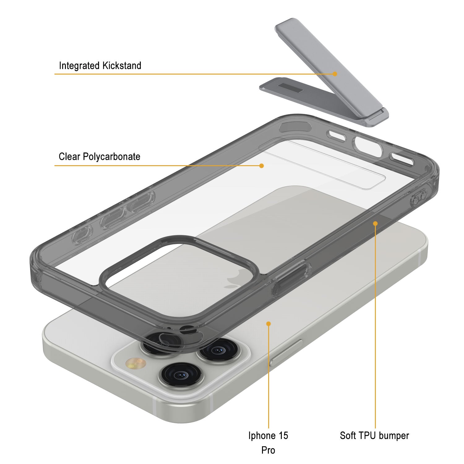 Punkcase iPhone 15 Pro Case with Kickstand [Crystal Kickstand Series] [Slim Fit] [Black]