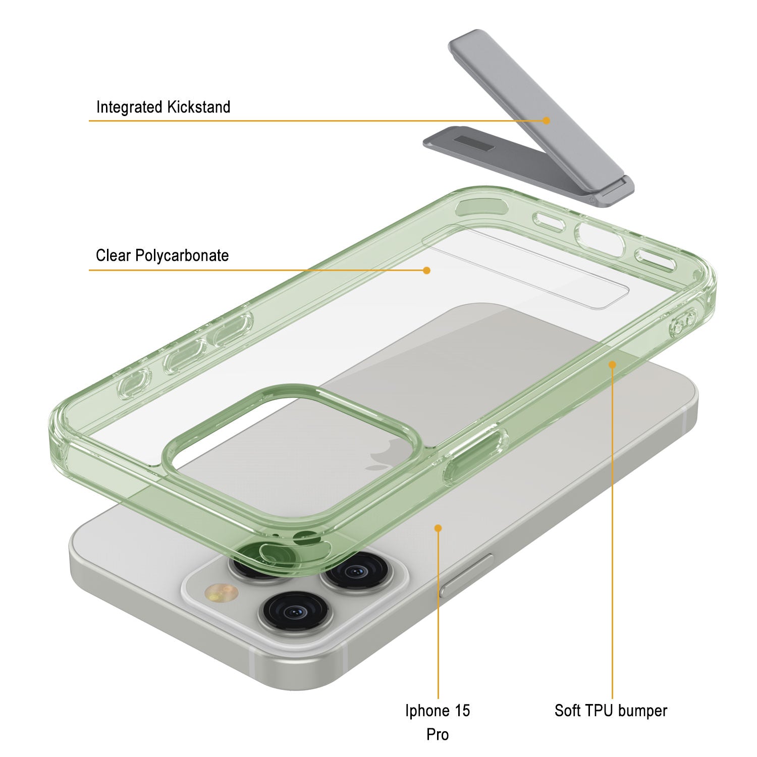 Punkcase iPhone 15 Pro Case with Kickstand [Crystal Kickstand Series] [Slim Fit] [Green]