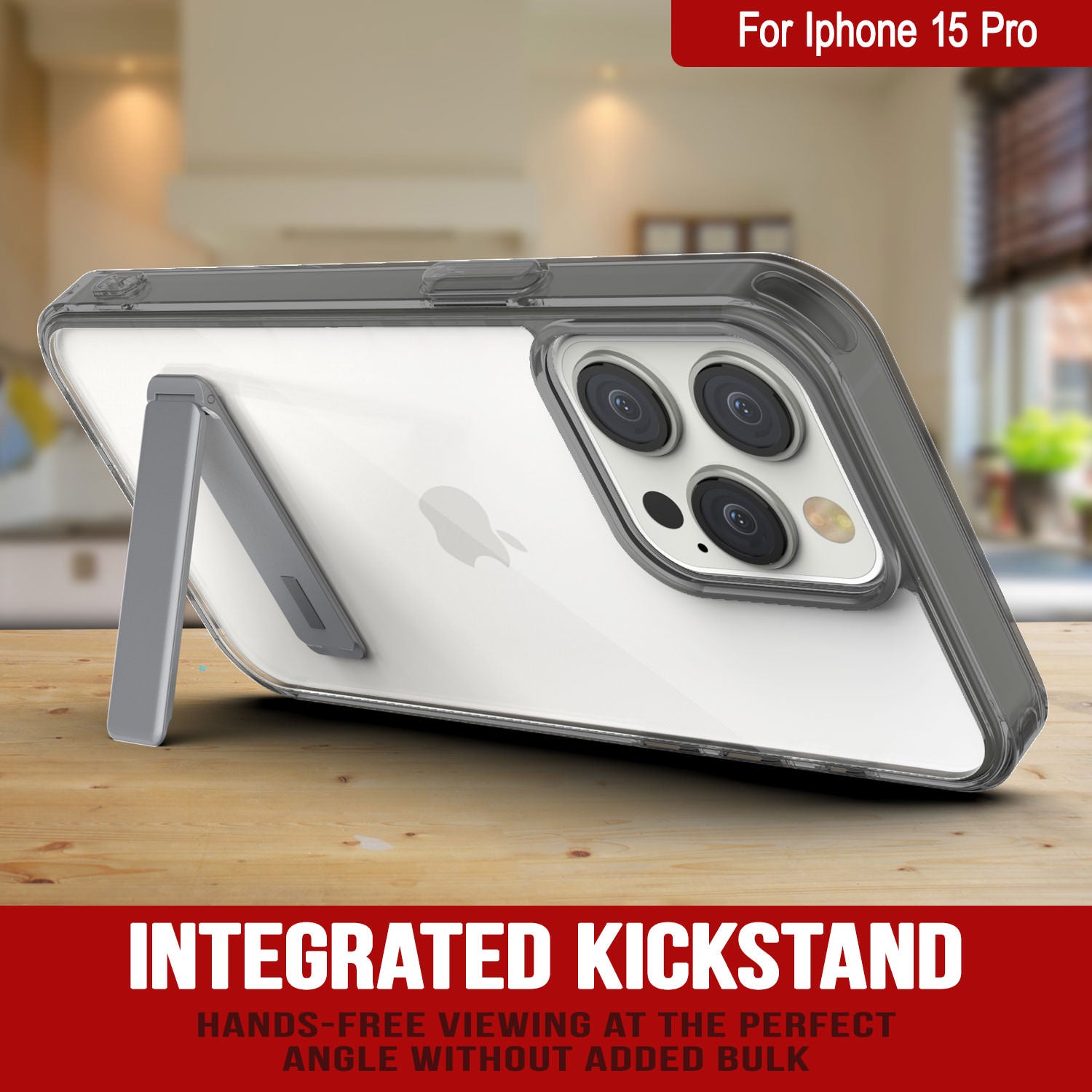 Punkcase iPhone 15 Pro Case with Kickstand [Crystal Kickstand Series] [Slim Fit] [Black]