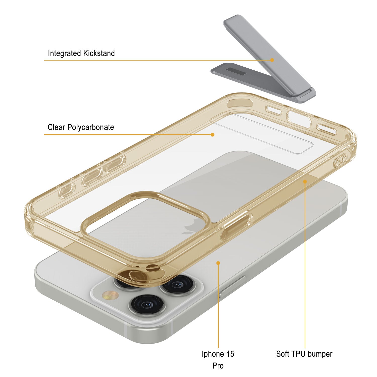 Punkcase iPhone 15 Pro Case with Kickstand [Crystal Kickstand Series] [Slim Fit] [Orange]