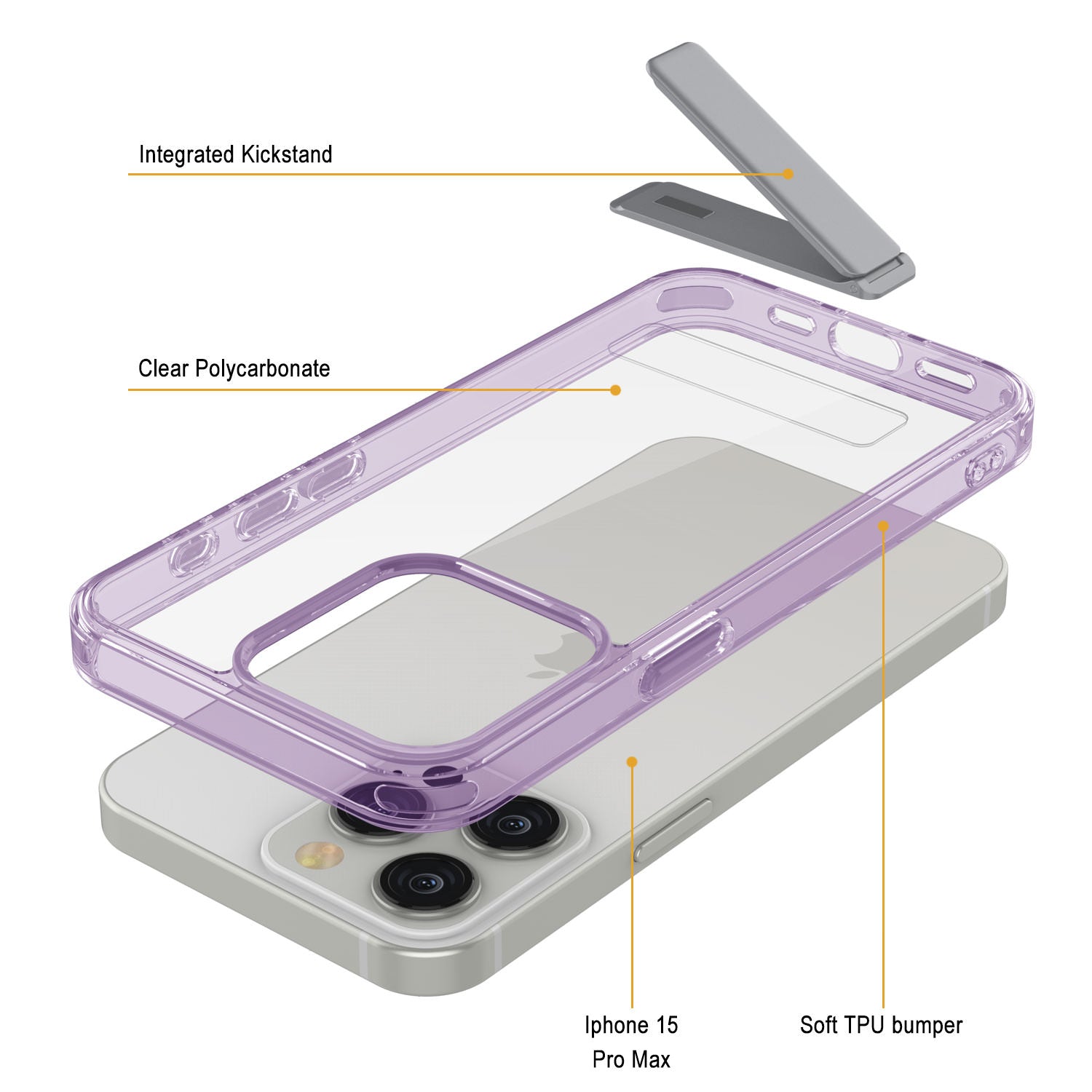 Punkcase iPhone 15 Pro Max Case with Kickstand [Crystal Kickstand Series] [Slim Fit] [Purple]