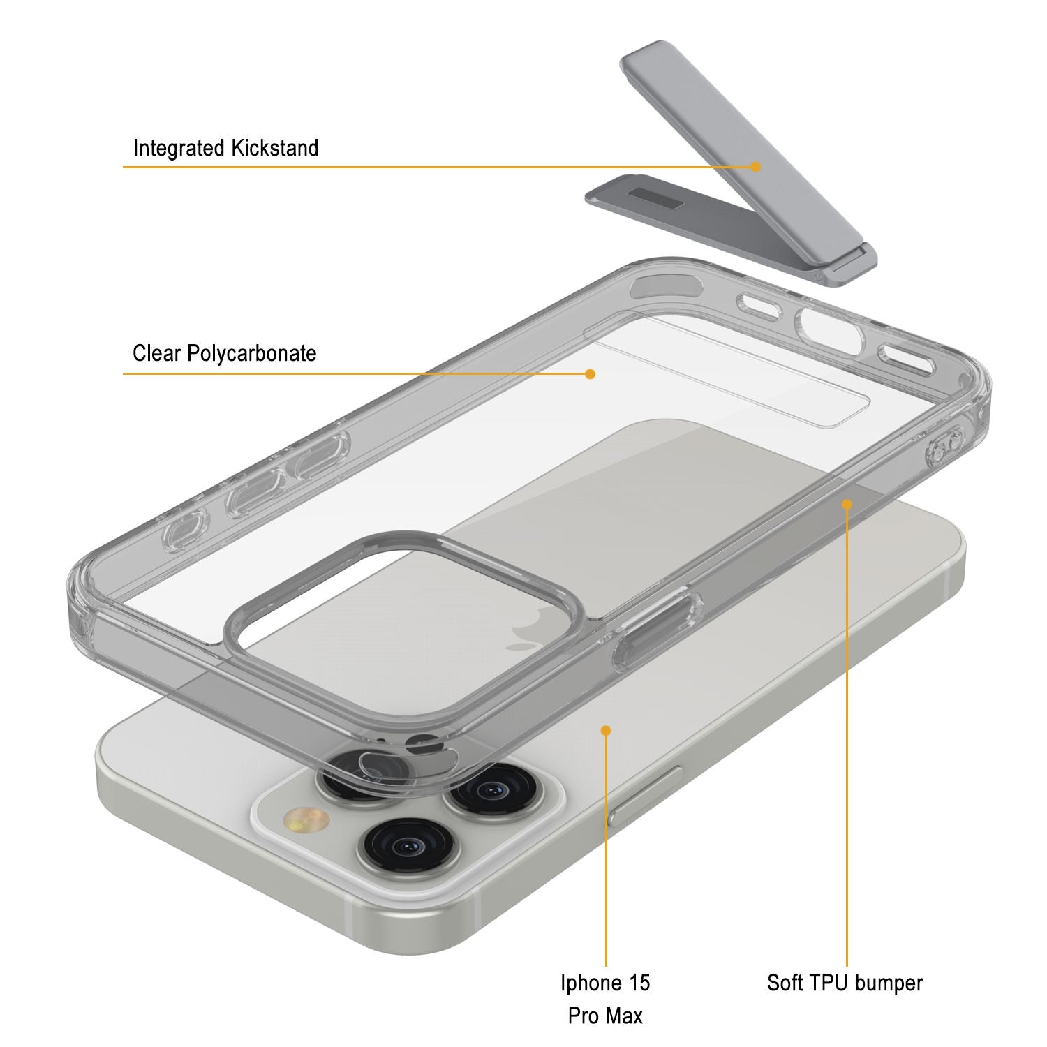 Punkcase iPhone 15 Pro Max Case with Kickstand [Crystal Kickstand Series] [Slim Fit] [Grey]