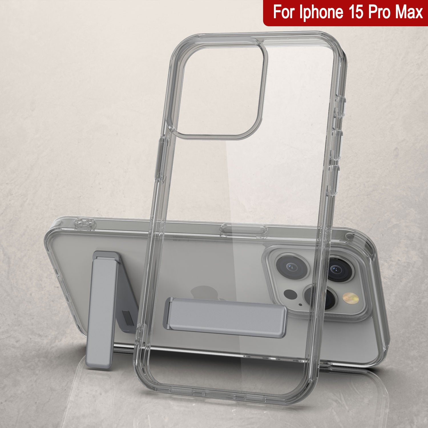 Punkcase iPhone 15 Pro Max Case with Kickstand [Crystal Kickstand Series] [Slim Fit] [Grey]