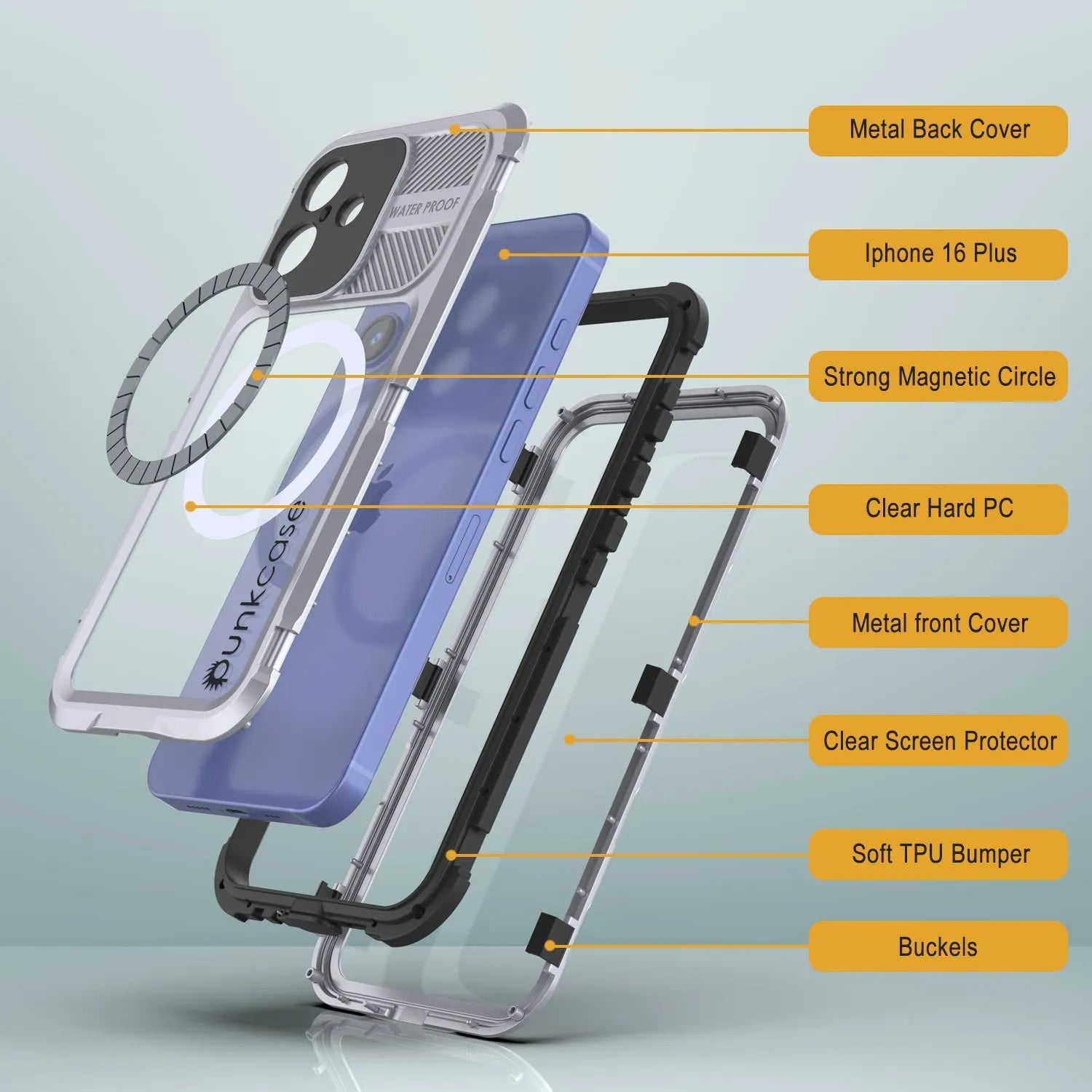 iPhone 16 Plus Metal Extreme 2.0 Series Aluminum Waterproof Case IP68 W/Buillt in Screen Protector [White]