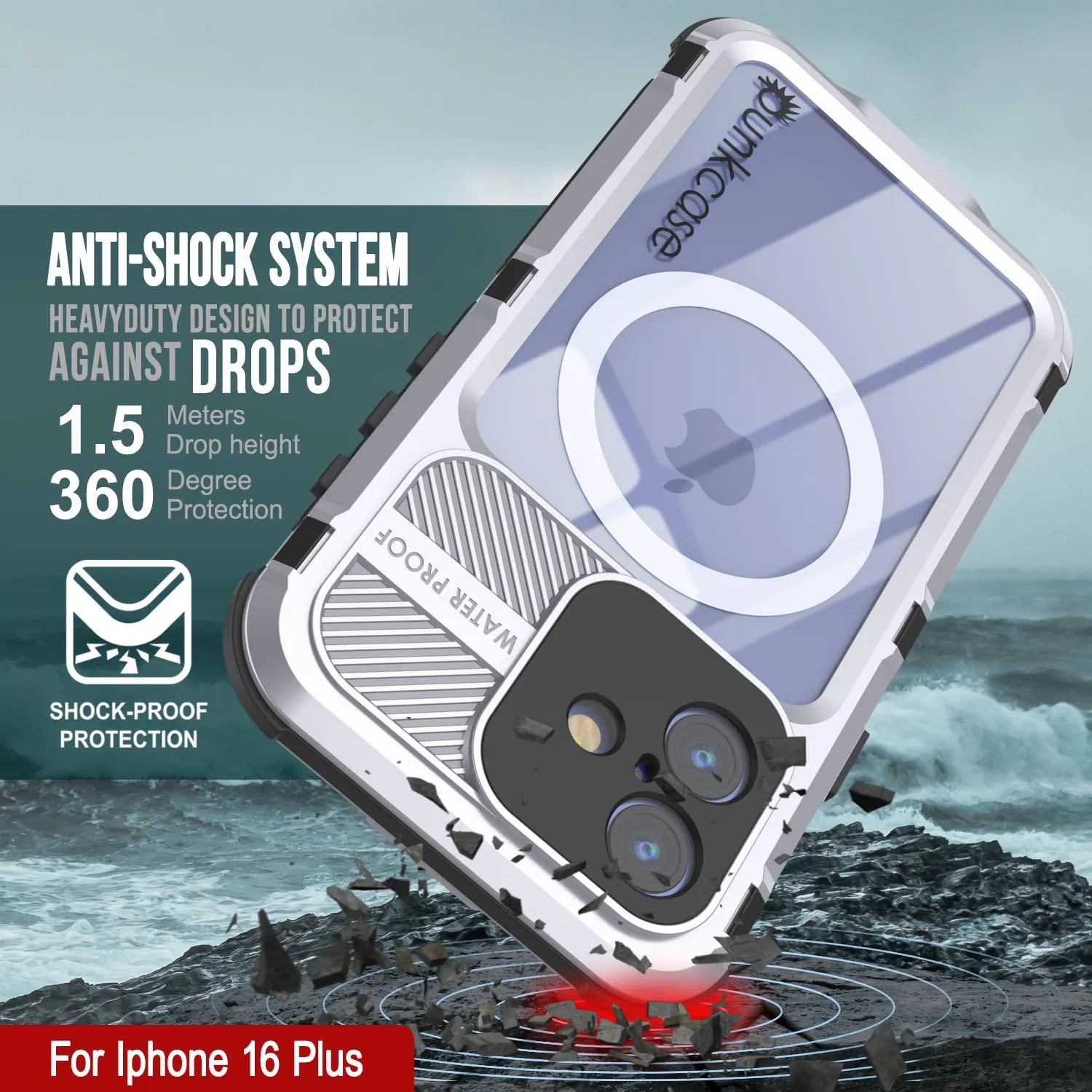iPhone 16 Plus Metal Extreme 2.0 Series Aluminum Waterproof Case IP68 W/Buillt in Screen Protector [White]
