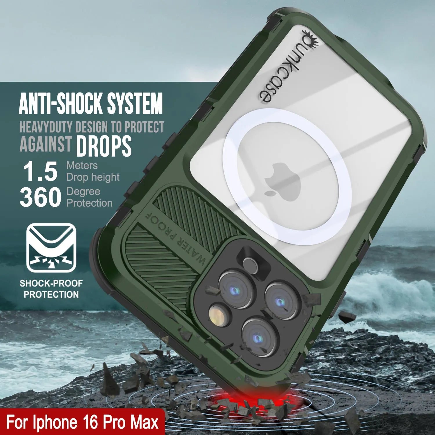 iPhone 16 Pro Max Metal Extreme 2.0 Series Aluminum Waterproof Case IP68 W/Buillt in Screen Protector [Dark Green]