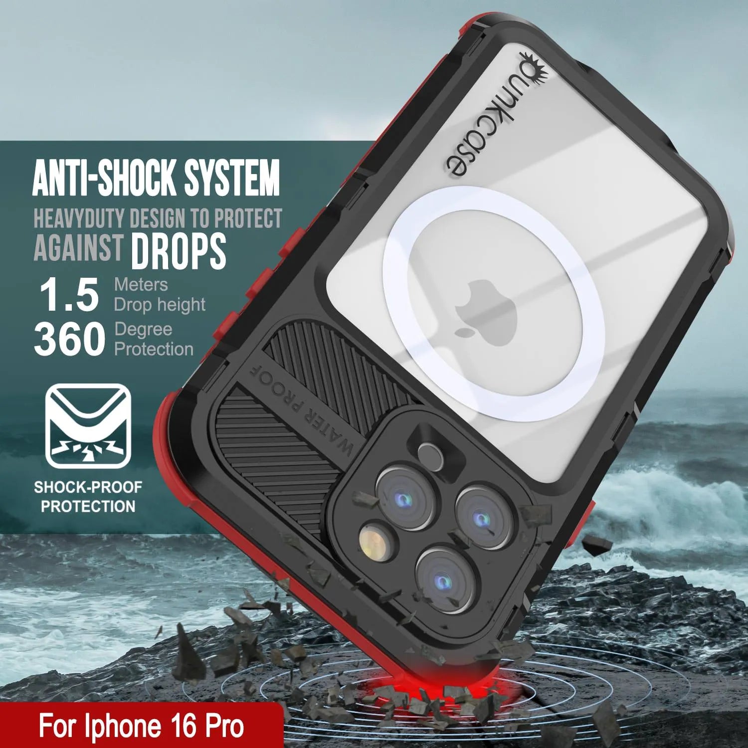 iPhone 16 Pro Metal Extreme 2.0 Series Aluminum Waterproof Case IP68 W/Buillt in Screen Protector [Black-Red]