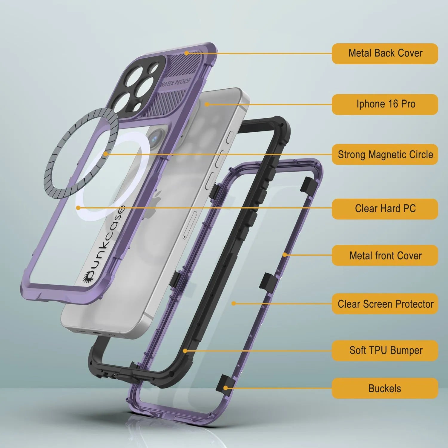 iPhone 16 Pro Metal Extreme 2.0 Series Aluminum Waterproof Case IP68 W/Buillt in Screen Protector [Purple]