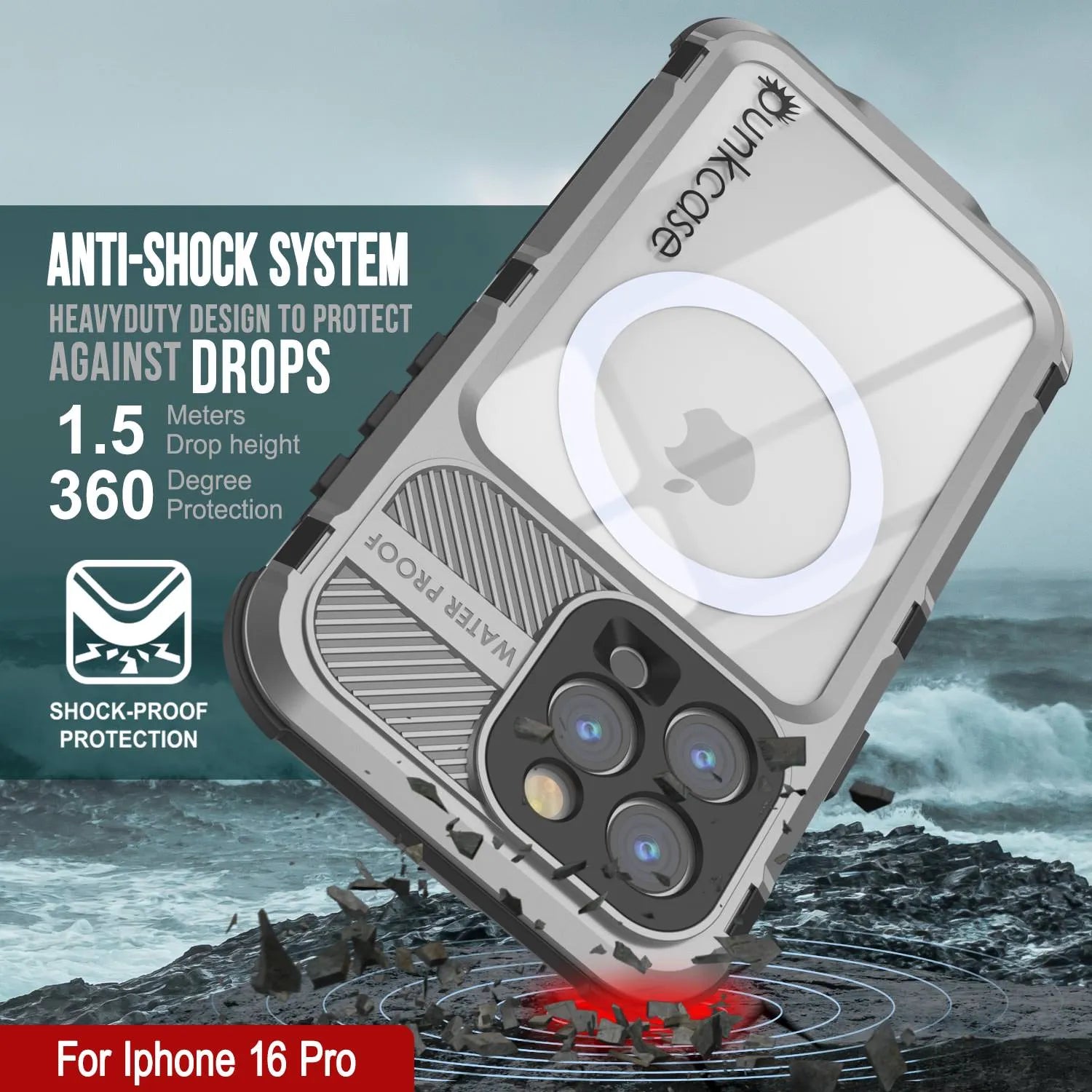 iPhone 16 Pro Metal Extreme 2.0 Series Aluminum Waterproof Case IP68 W/Buillt in Screen Protector [Silver]