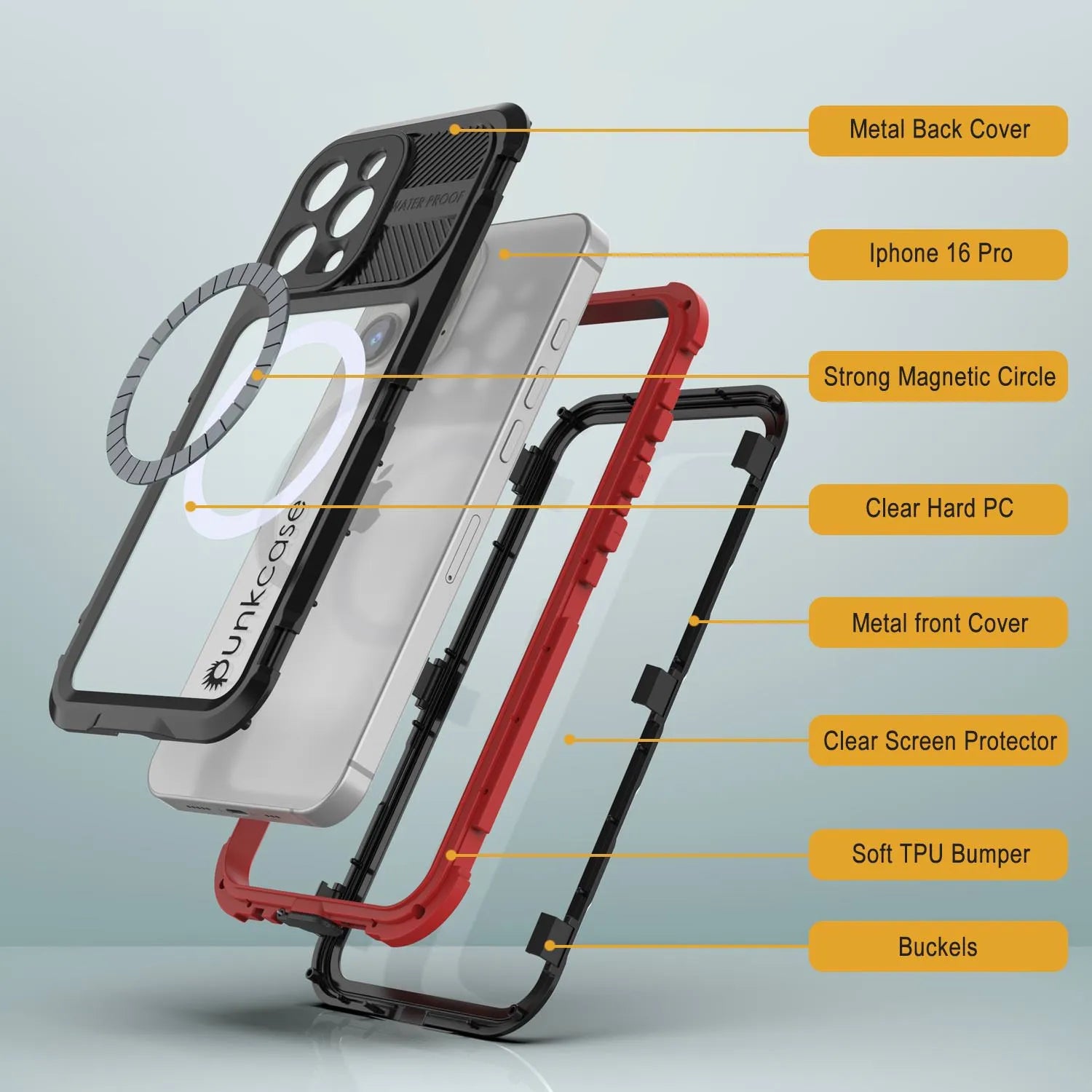 iPhone 16 Pro Metal Extreme 2.0 Series Aluminum Waterproof Case IP68 W/Buillt in Screen Protector [Black-Red]