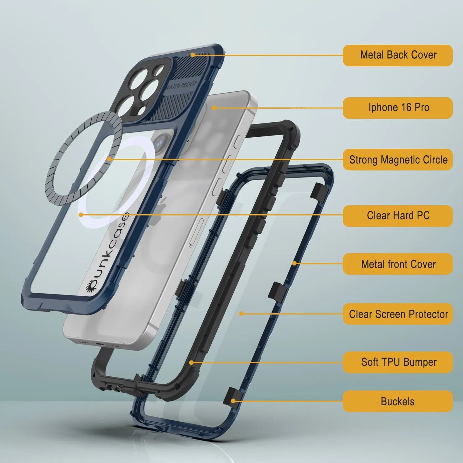 iPhone 16 Pro Metal Extreme 2.0 Series Aluminum Waterproof Case IP68 W/Buillt in Screen Protector [Blue]