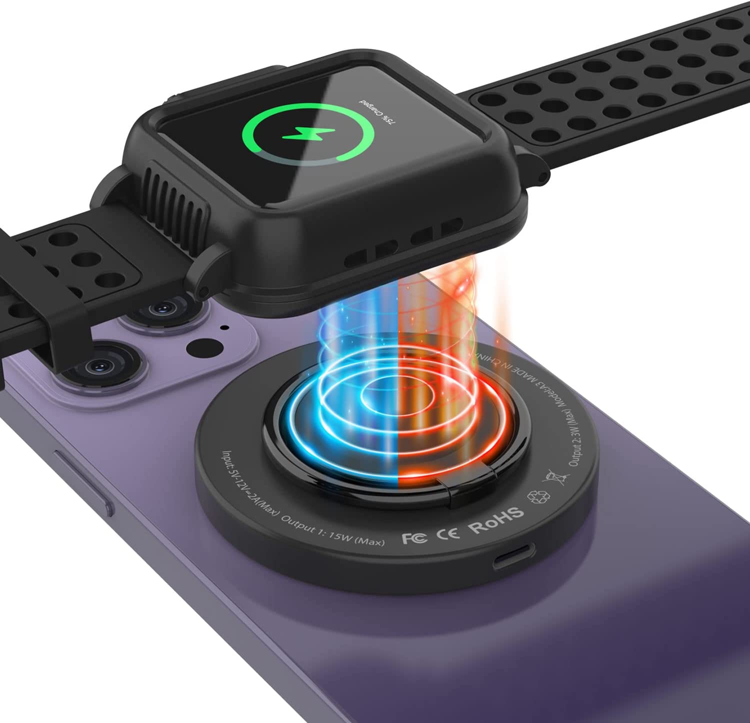 Punkcase Wireless Charger Pad [MagRing Series] 3-1 15W Fast Charger [Black]