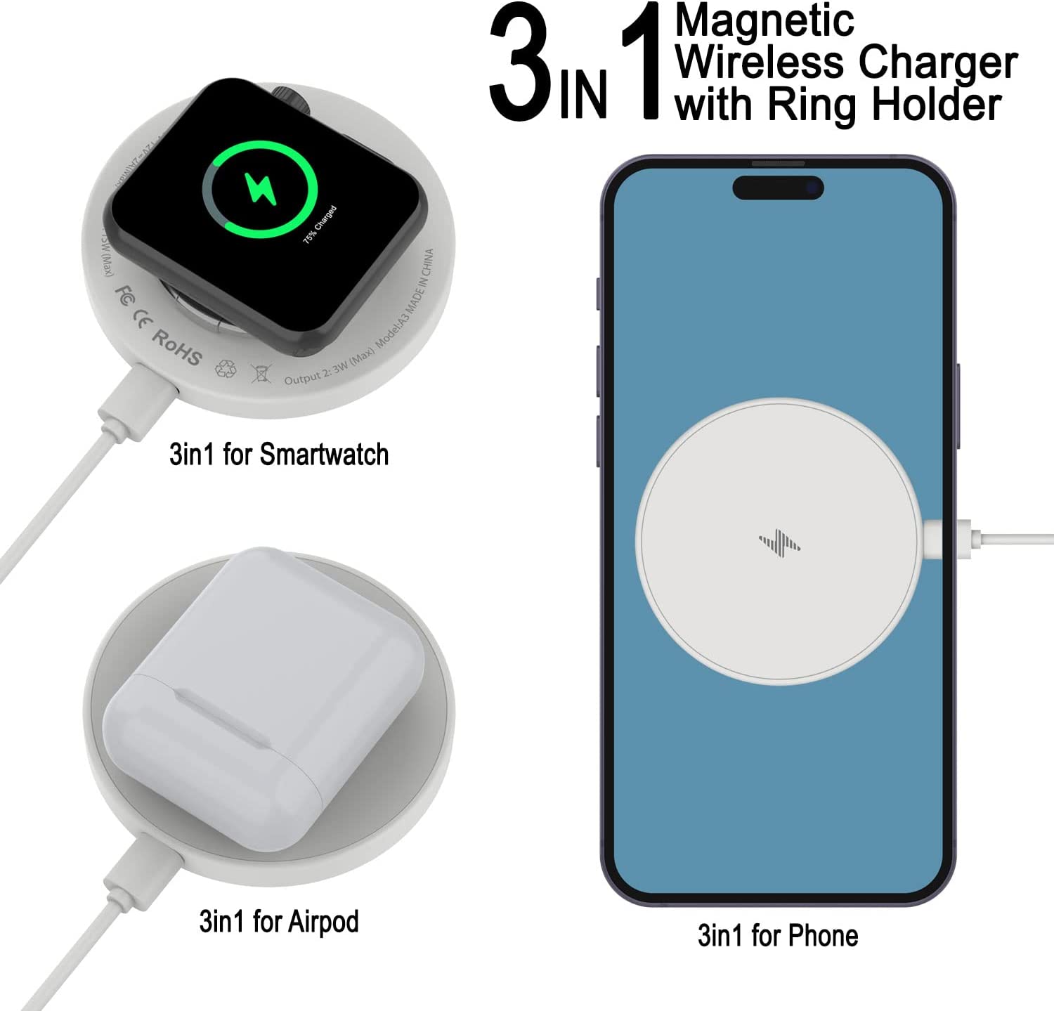 Punkcase Wireless Charger Pad [MagRing Series] 3-1 15W Fast Charger [White]