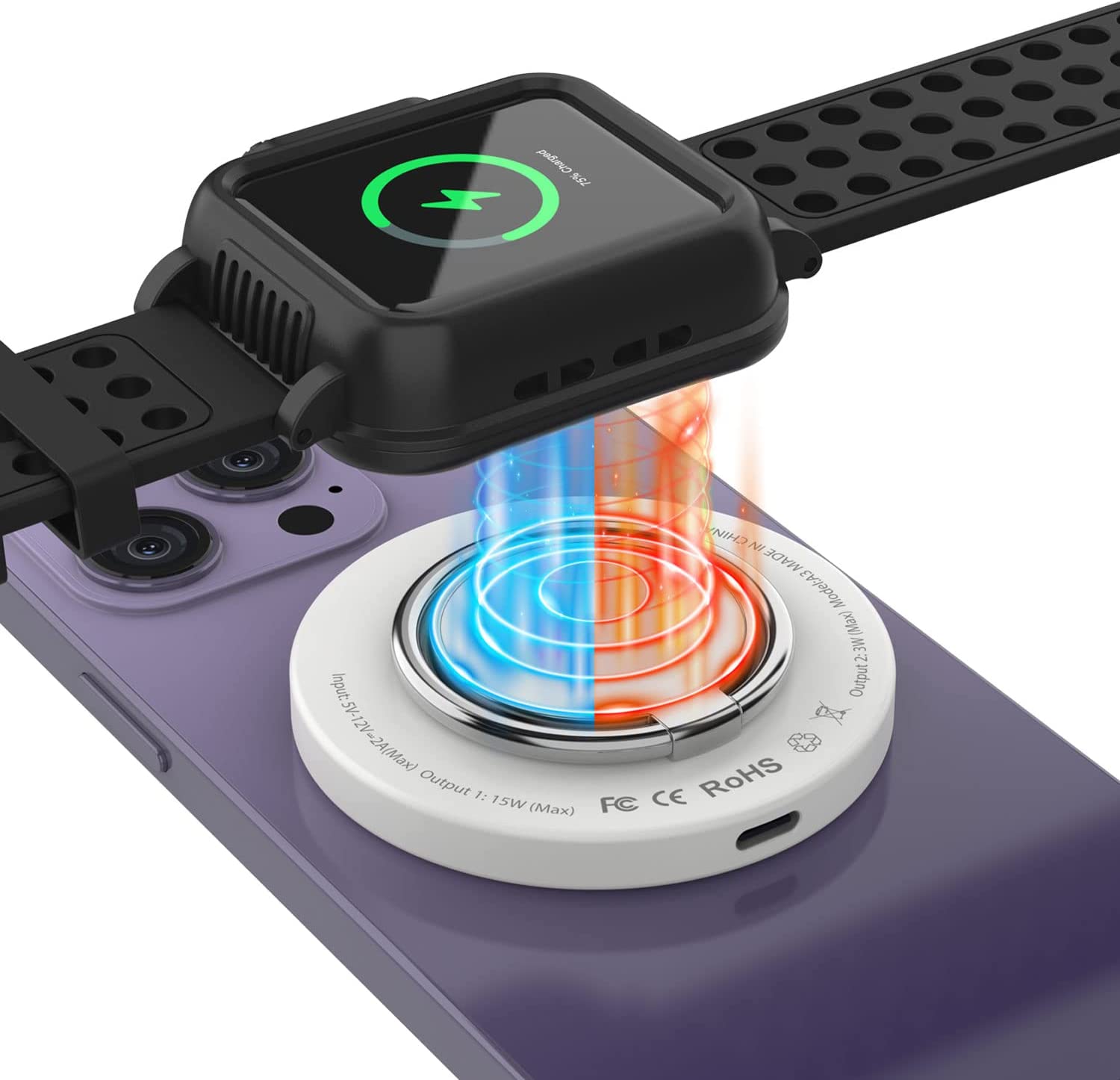 Punkcase Wireless Charger Pad [MagRing Series] 3-1 15W Fast Charger [White]