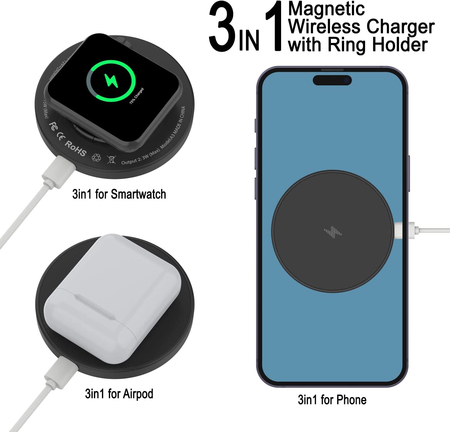 Punkcase Wireless Charger Pad [MagRing Series] 3-1 15W Fast Charger [Black]