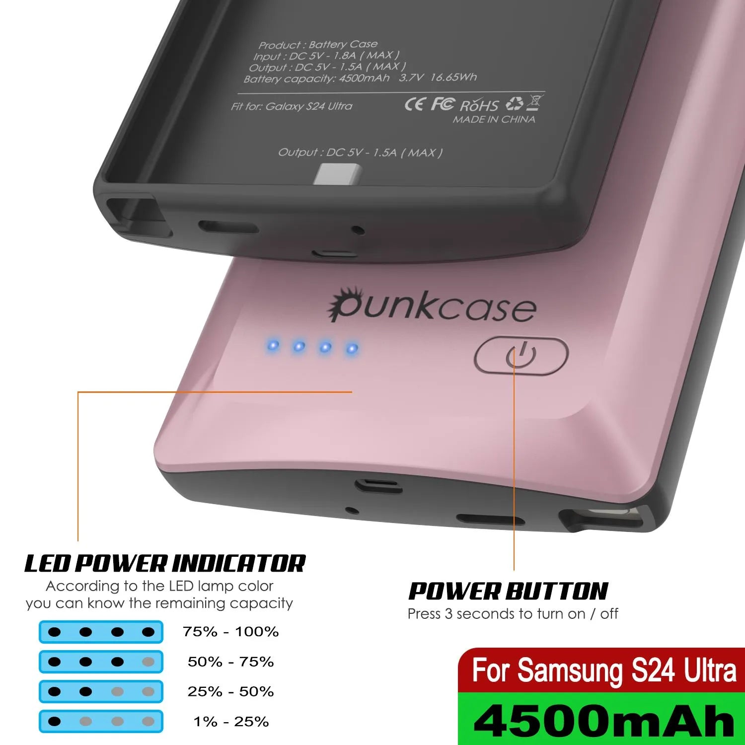 PunkJuice S24 Ultra Battery Case Rose-Gold - Portable Charging Power Juice Bank with 4500mAh