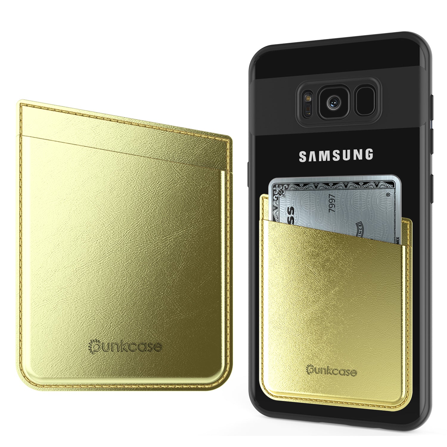 PunkCase CardStud Deluxe Stick On Wallet | Adhesive Card Holder Attachment for Back of iPhone, Android & More | Leather Pouch | [Gold]