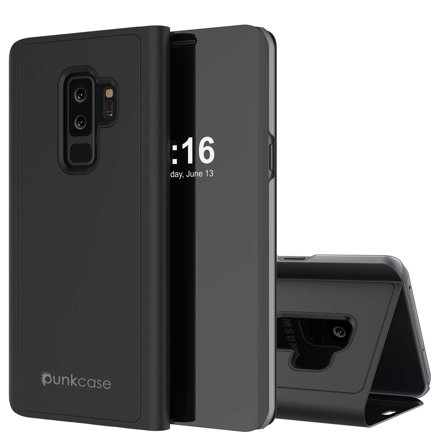 Punkcase S9 Plus Reflector Case Protective Flip Cover [Black]