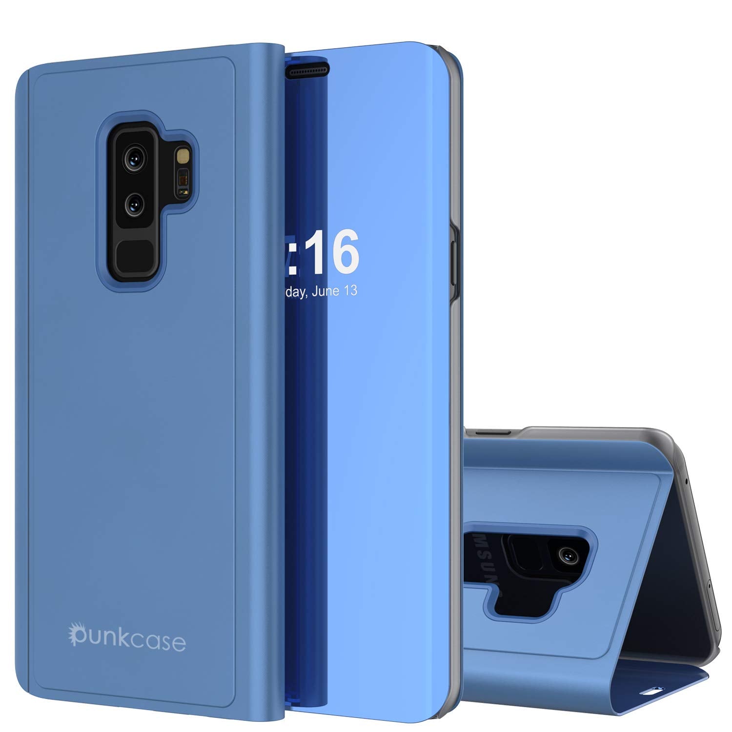 Punkcase S9 Plus Reflector Case Protective Flip Cover [Blue]