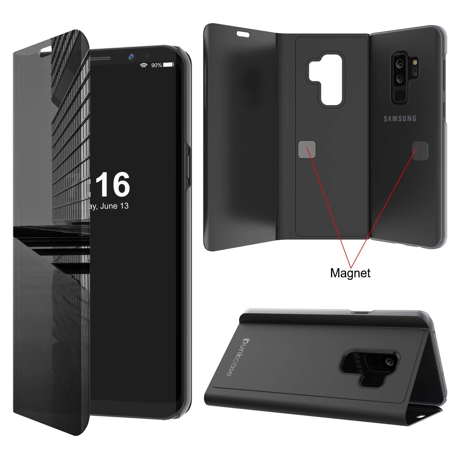 Punkcase S9 Plus Reflector Case Protective Flip Cover [Black]
