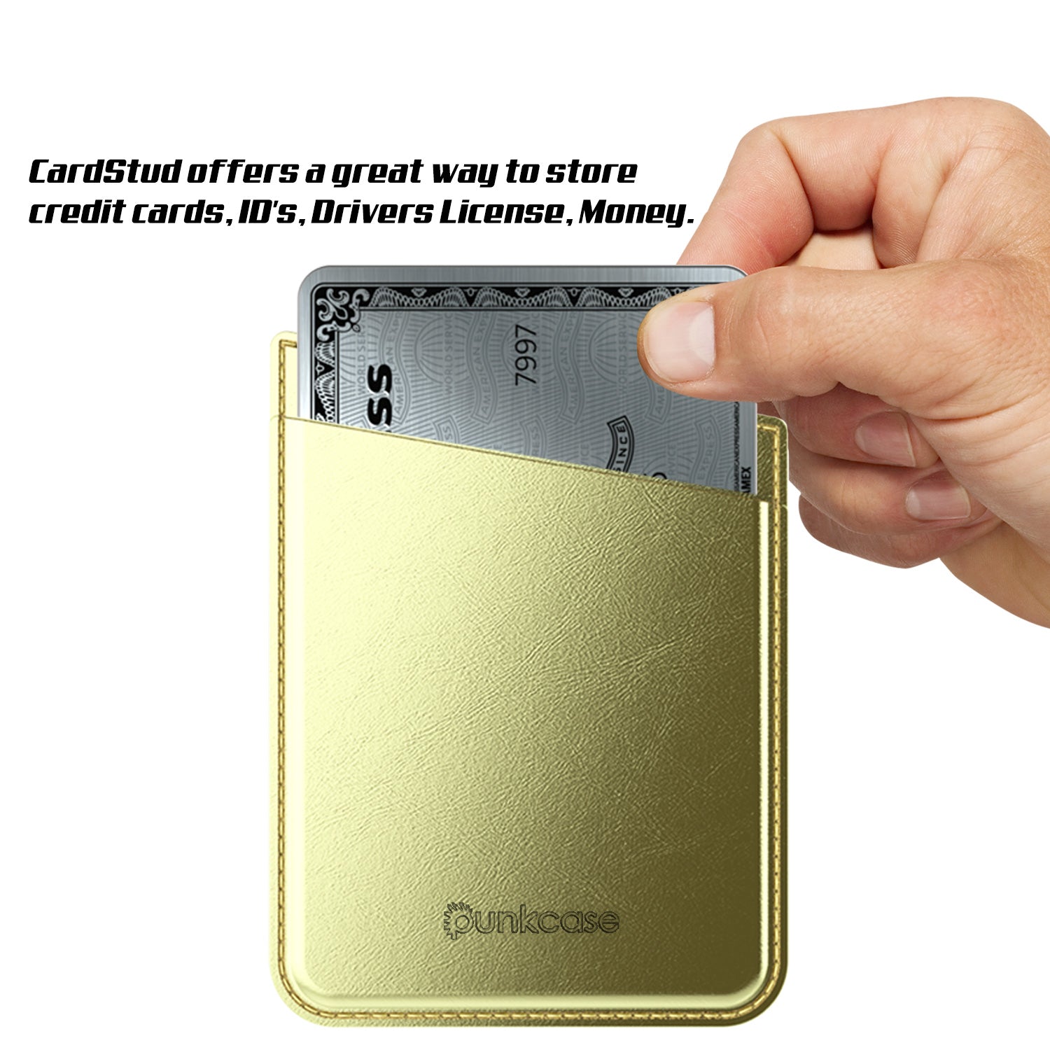 PunkCase CardStud Deluxe Stick On Wallet | Adhesive Card Holder Attachment for Back of iPhone, Android & More | Leather Pouch | [Gold]