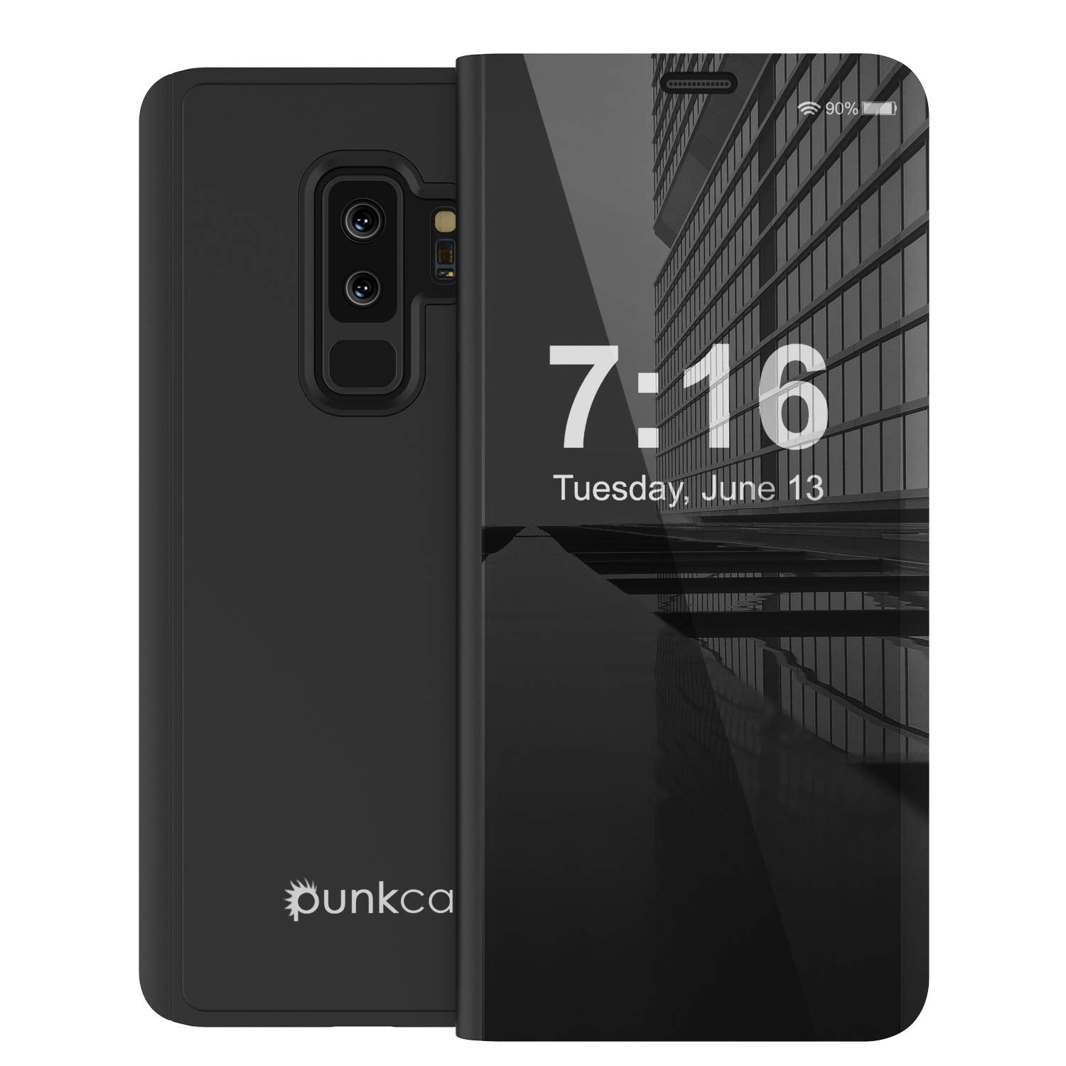 Punkcase S9 Plus Reflector Case Protective Flip Cover [Black]
