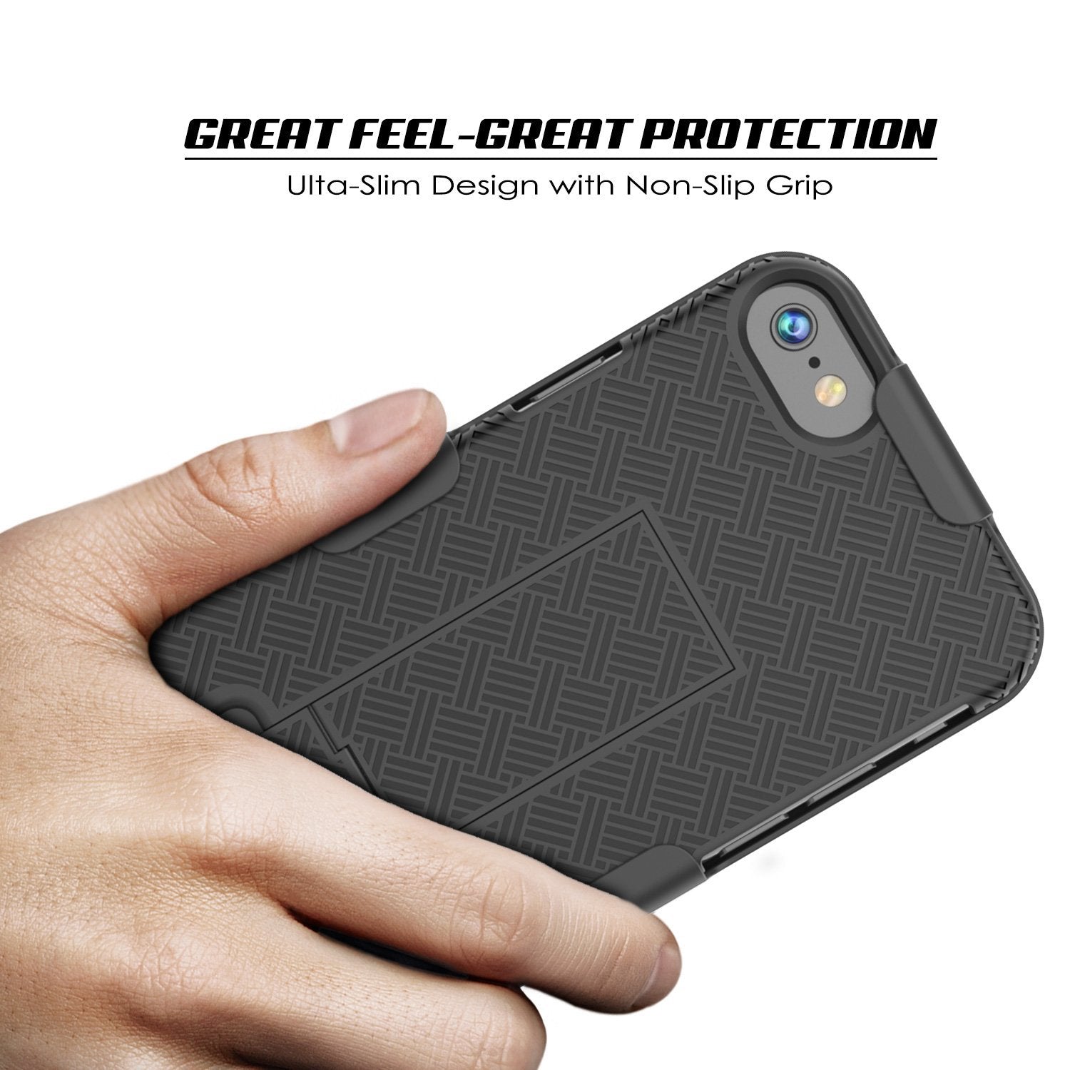 Punkcase iPhone 8 / 7 Case With Tempered Glass Screen Protector, Holster Belt Clip & Built-In Kickstand [Black]