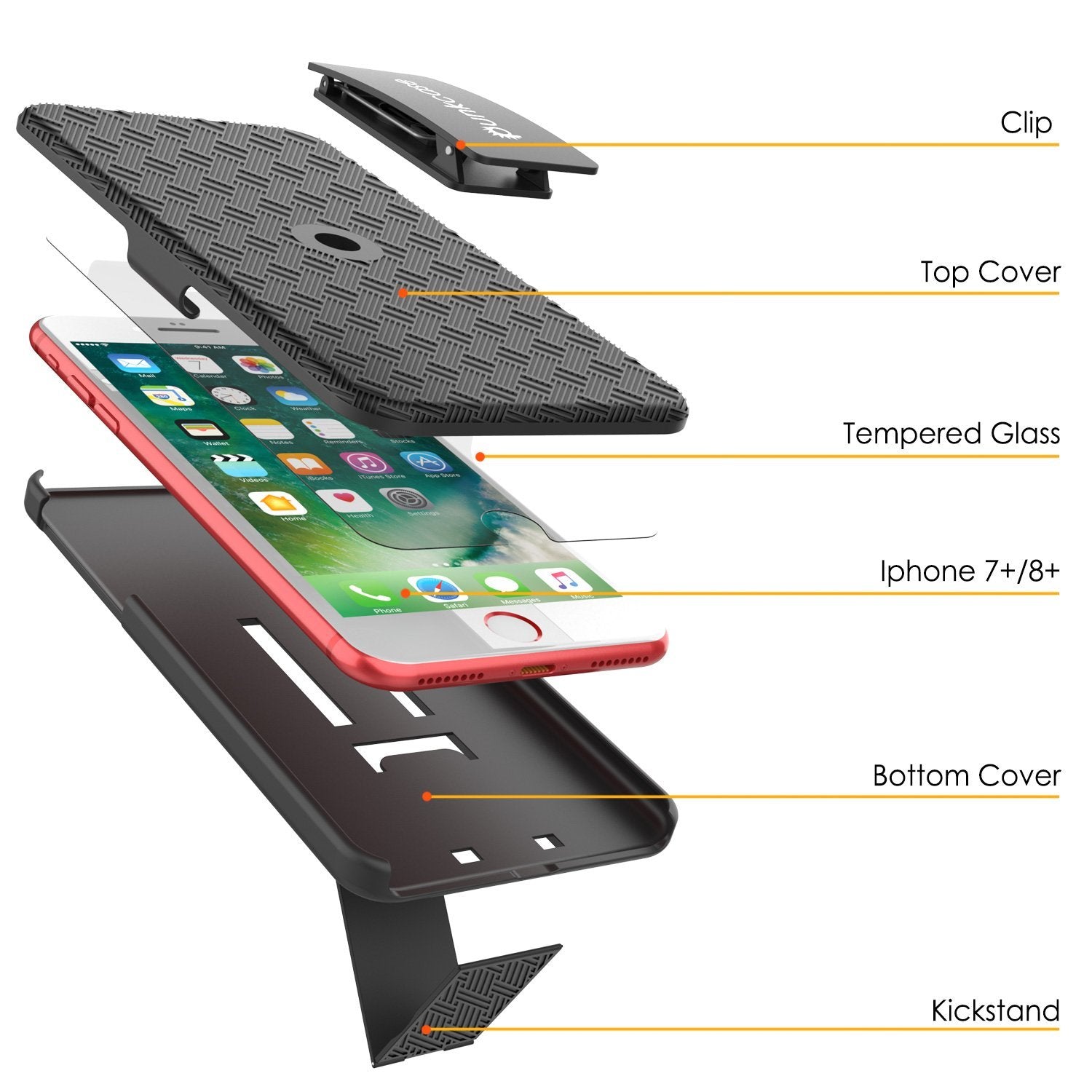 Punkcase iPhone 8+ / 7+ Plus Case With Tempered Glass Screen Protector, Holster Belt Clip & Built-In Kickstand [Black]