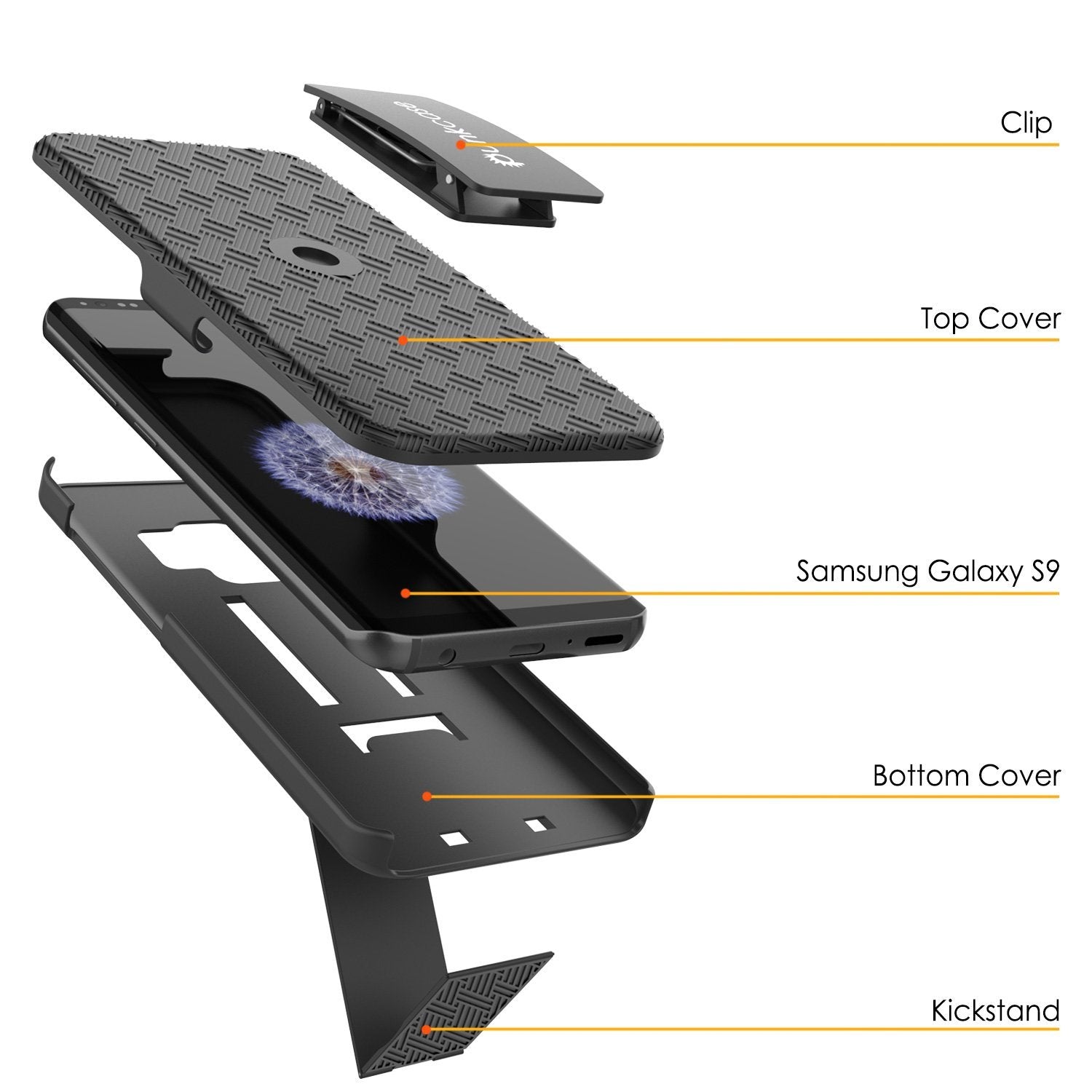 Punkcase Galaxy S9 Case With Screen Protector, Holster Belt Clip [Black]