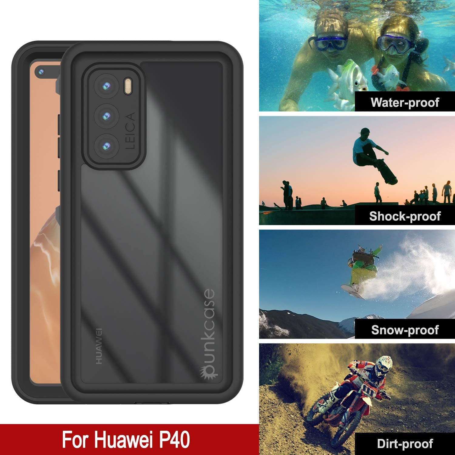 Huawei P40 Waterproof IP68 Case, Punkcase [Black] [StudStar Series] [Slim Fit]